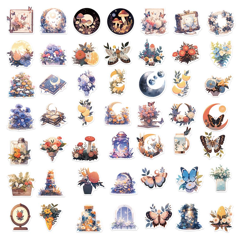 Yoksas Nature Flower Moon Stickers   50Pcs Vinyl Aesthetics Forest Plants Stickers For Water Bottles,Laptops,Scrapbooks,Journals