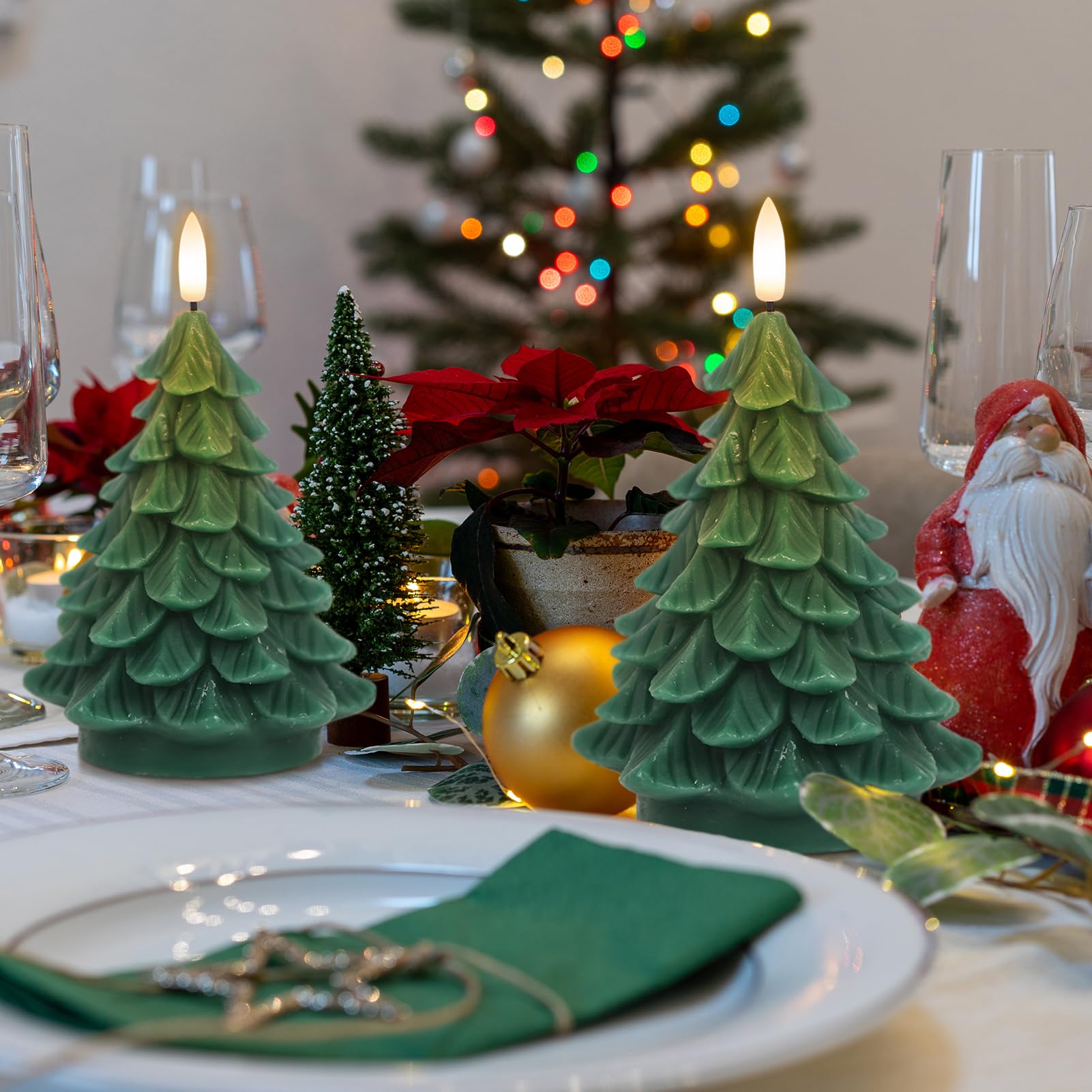 Dromance Christmas Tree Flameless Candles Battery Operated With 6 Hour Timer, 2 Pack Green Real Wax Lifelike Leaves 3D Wick Led