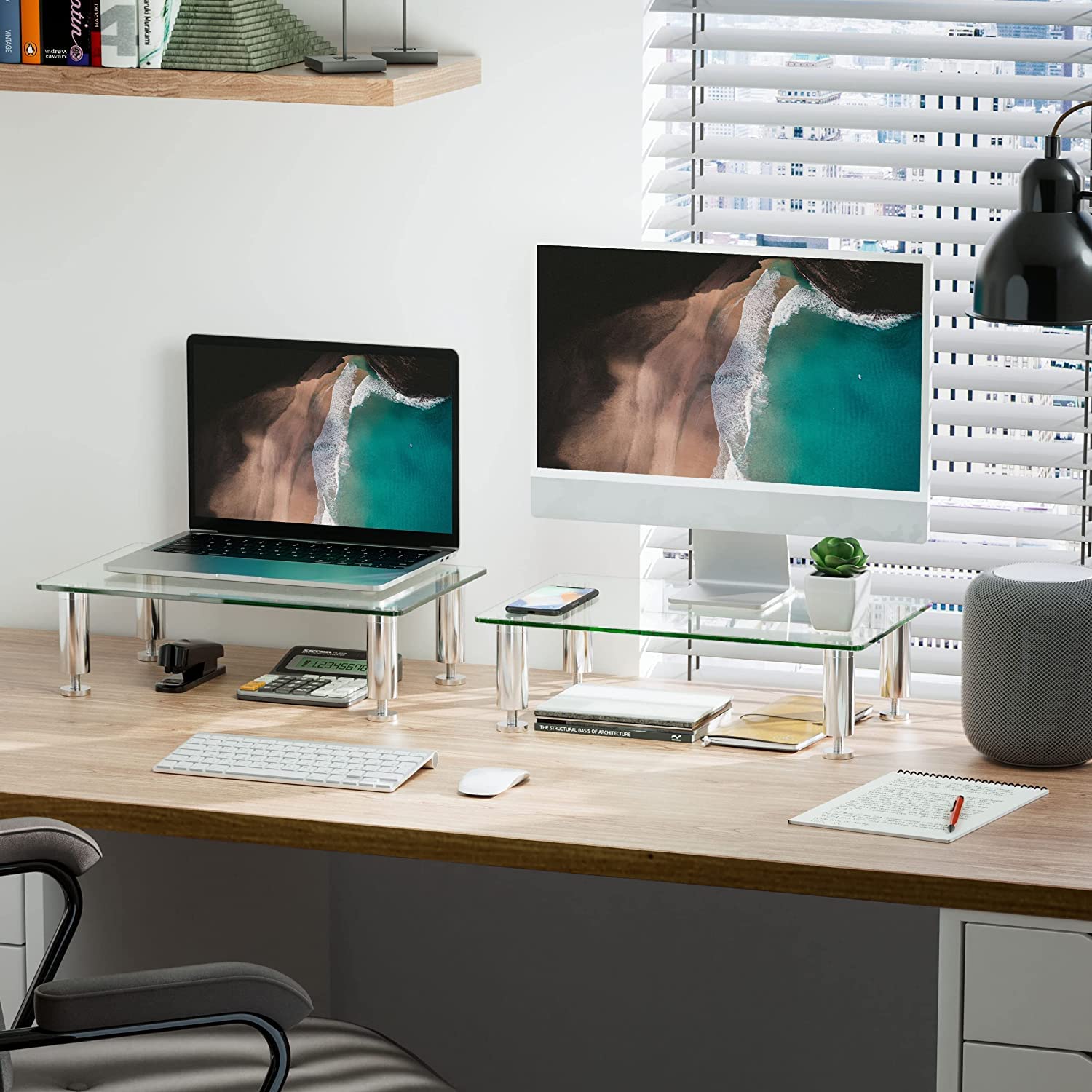 FITUEYES 2 Pack Monitor Stand �Adjustable Glass Computer Monitor Riser, Clear Desktop Stand for Laptop TV Computer Screen, Desk Organization, Office Supplies, DT103803GC