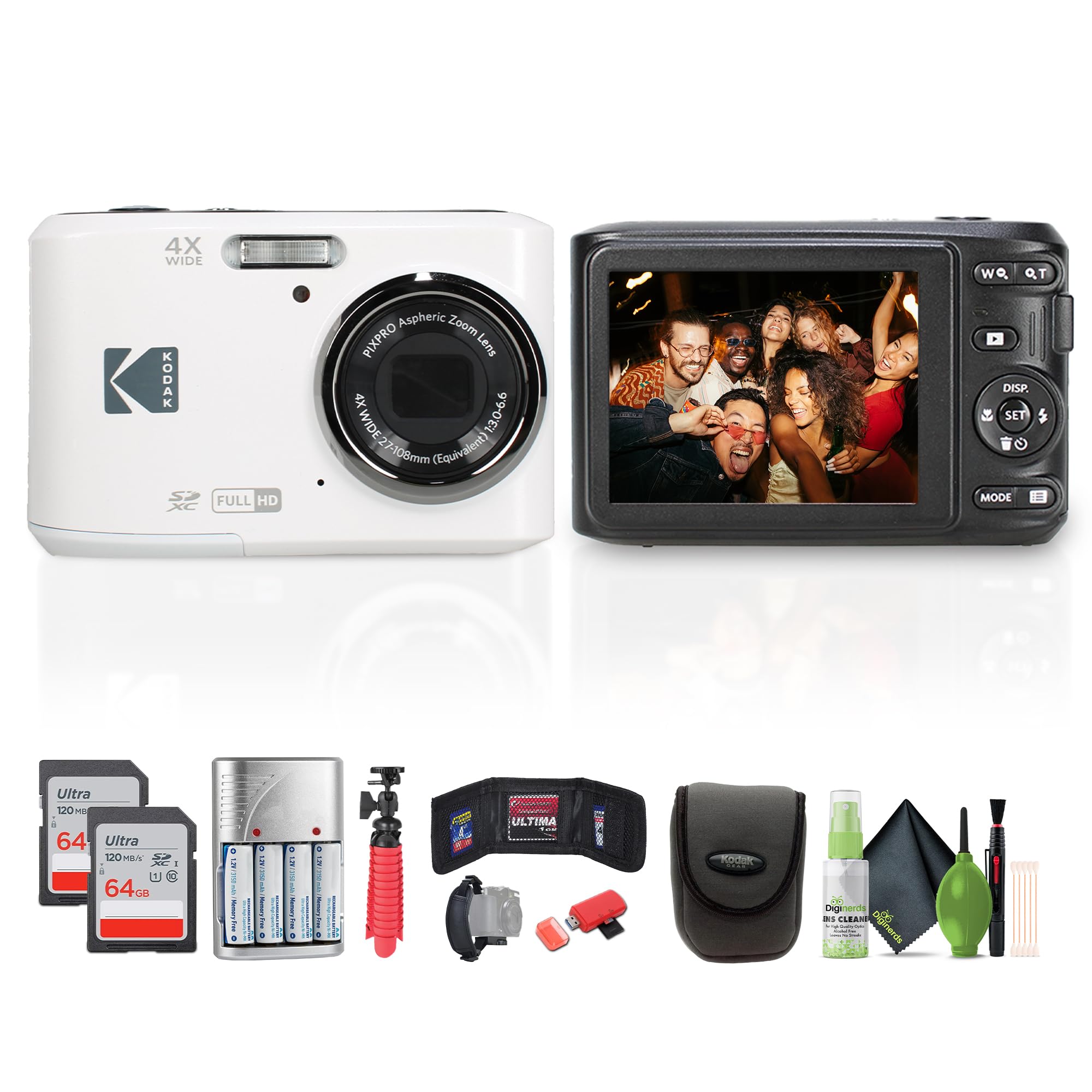 Kodak Pixpro FZ45 Digital Camera (White) Bundle Including: 2X 64 GB Memory Card, Rechargeable Batteries, Camera Case, Flexible T