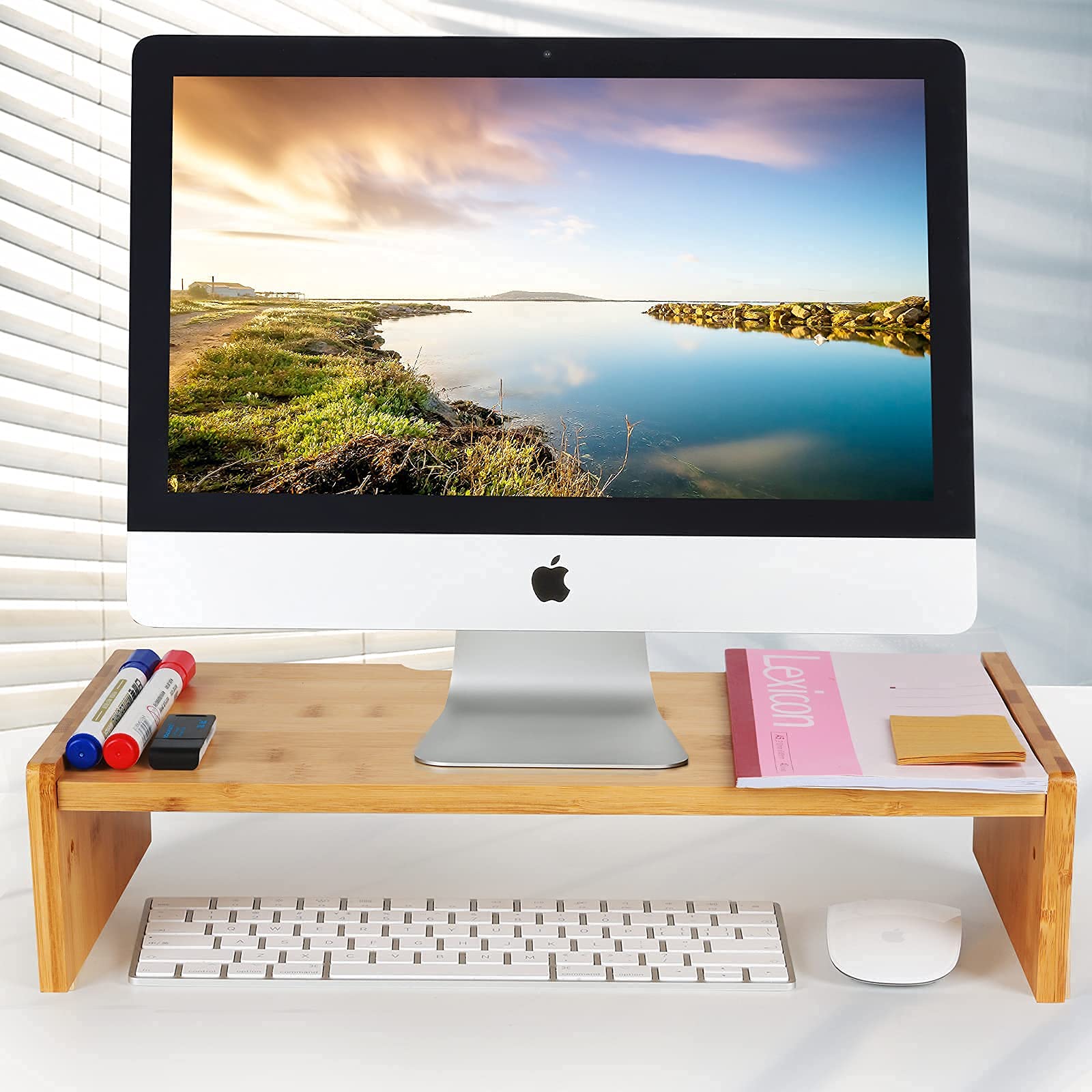 Kinlink Bamboo Monitor Stand Riser, Monitor Riser With 2 Adjustable Height, 15.8 Inch Computer Riser For Computer, Imac, Pc, Pri