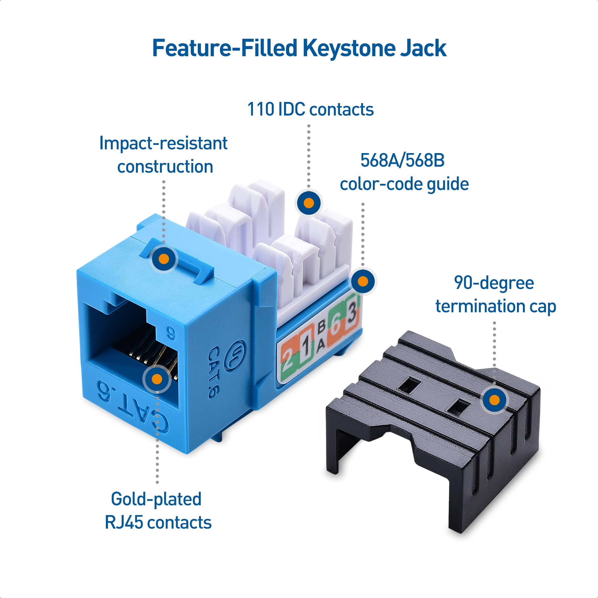 Cable Matters [UL Listed] 25 Pack 10Gbps Rapid Install Cat6 Keystone Jacks, Slim Profile Ethernet Keystone Jack, RJ45 Keystone Jack with Punch Down Stand, Blue (Model 180070)