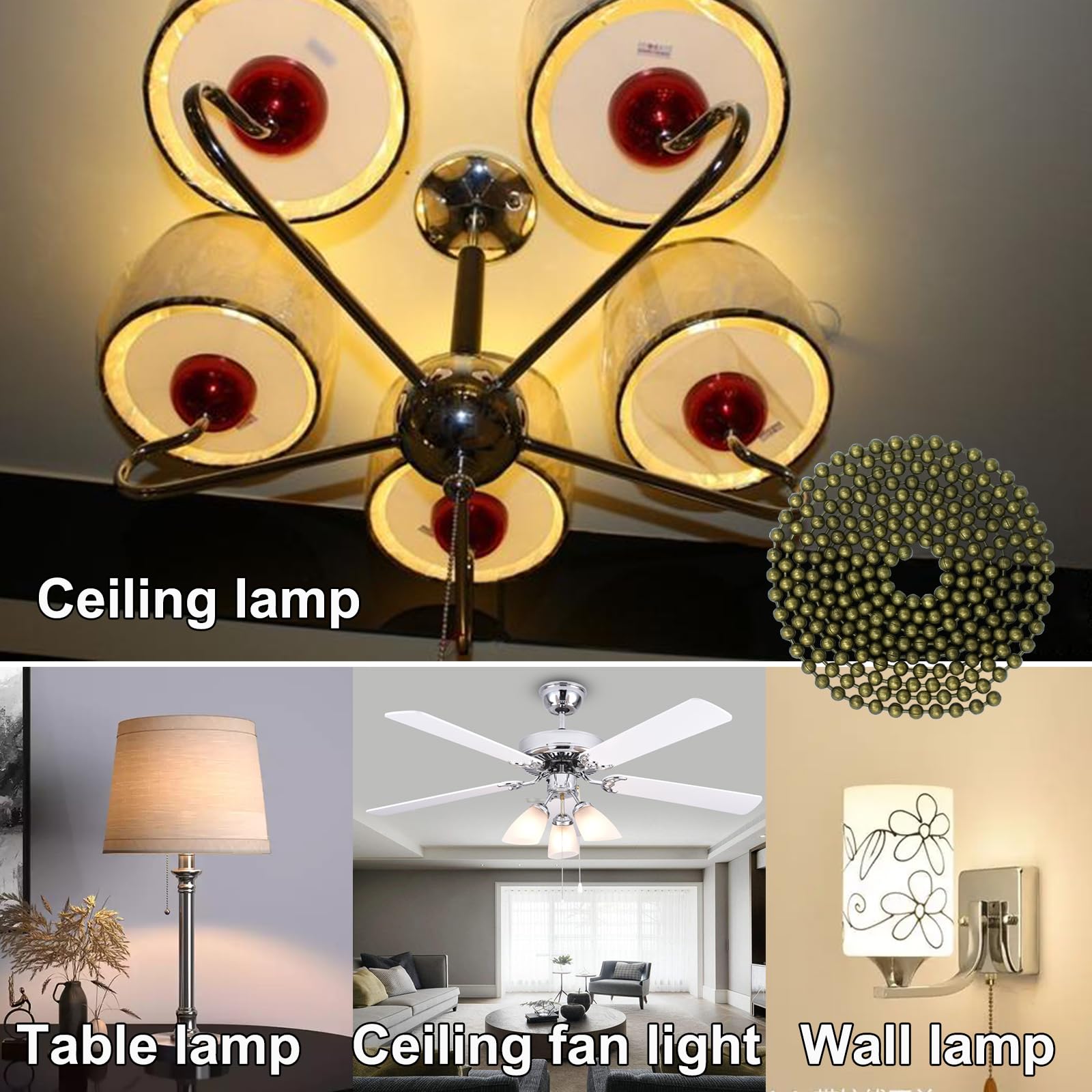 4 Pack Ceiling Fan Pull Chain Extender,Each Chain Length 39 Inch(1 Meter) With 8 Connectors,Standard 3 Mm Diameter Beaded Ball,