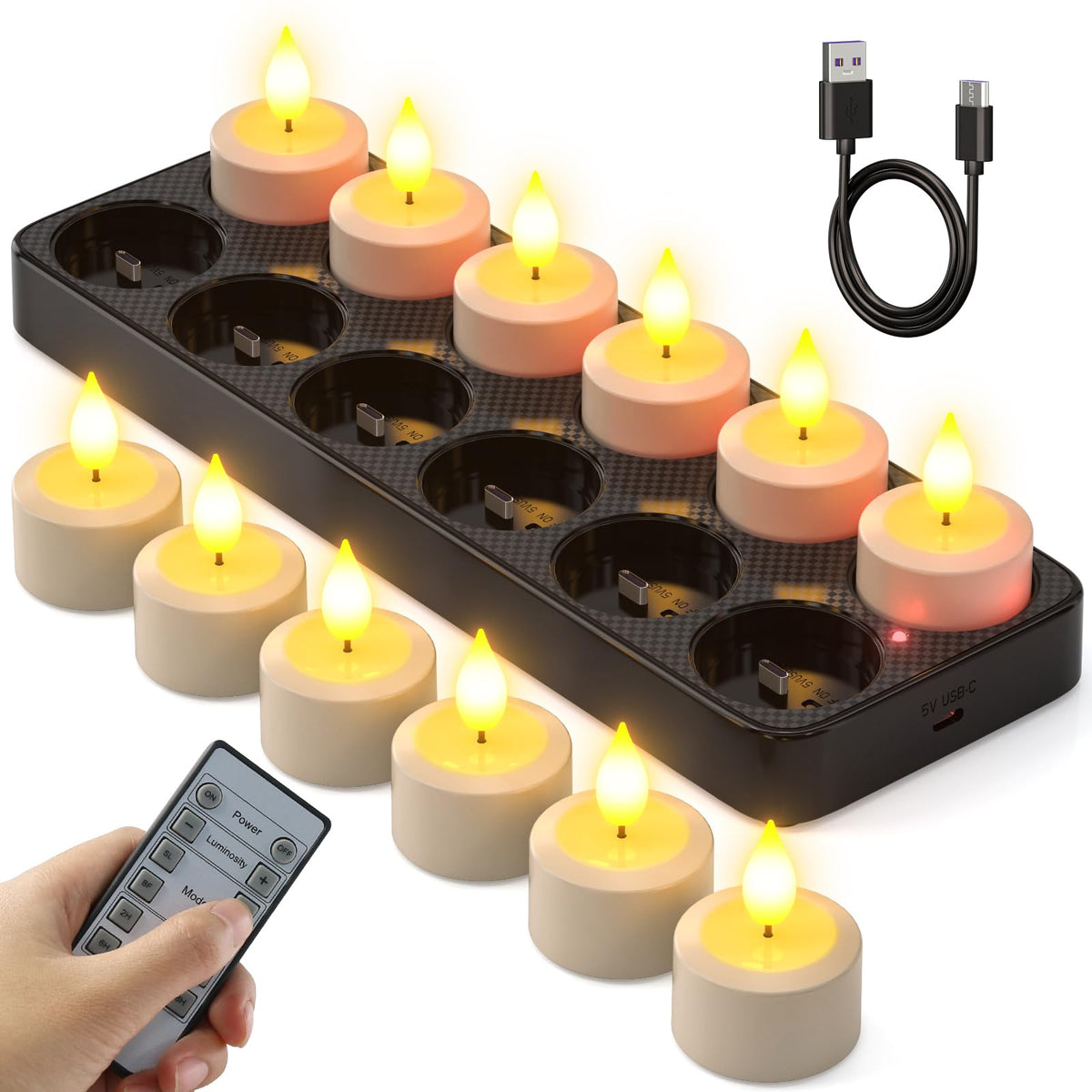 Soulbay Flameless Candles With Remote Control Timer & Charging Base, 12Pcs Usb Rechargeable Battery Led Tea Lights Candles Small