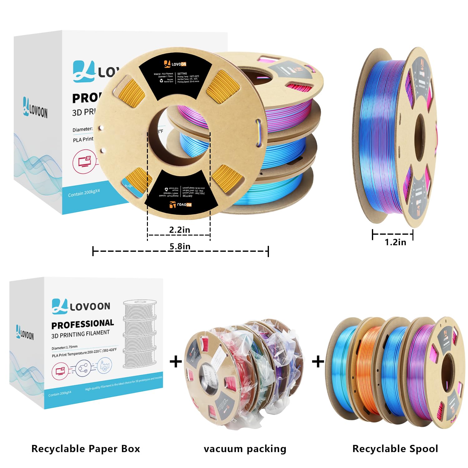 Lovoon 3D Pla Filament 1.75Mm Bundle, Dual Colors 3D Printer Filament Bundle (Blue Rose Red Gold Red Blue Red Green Blue), Silk