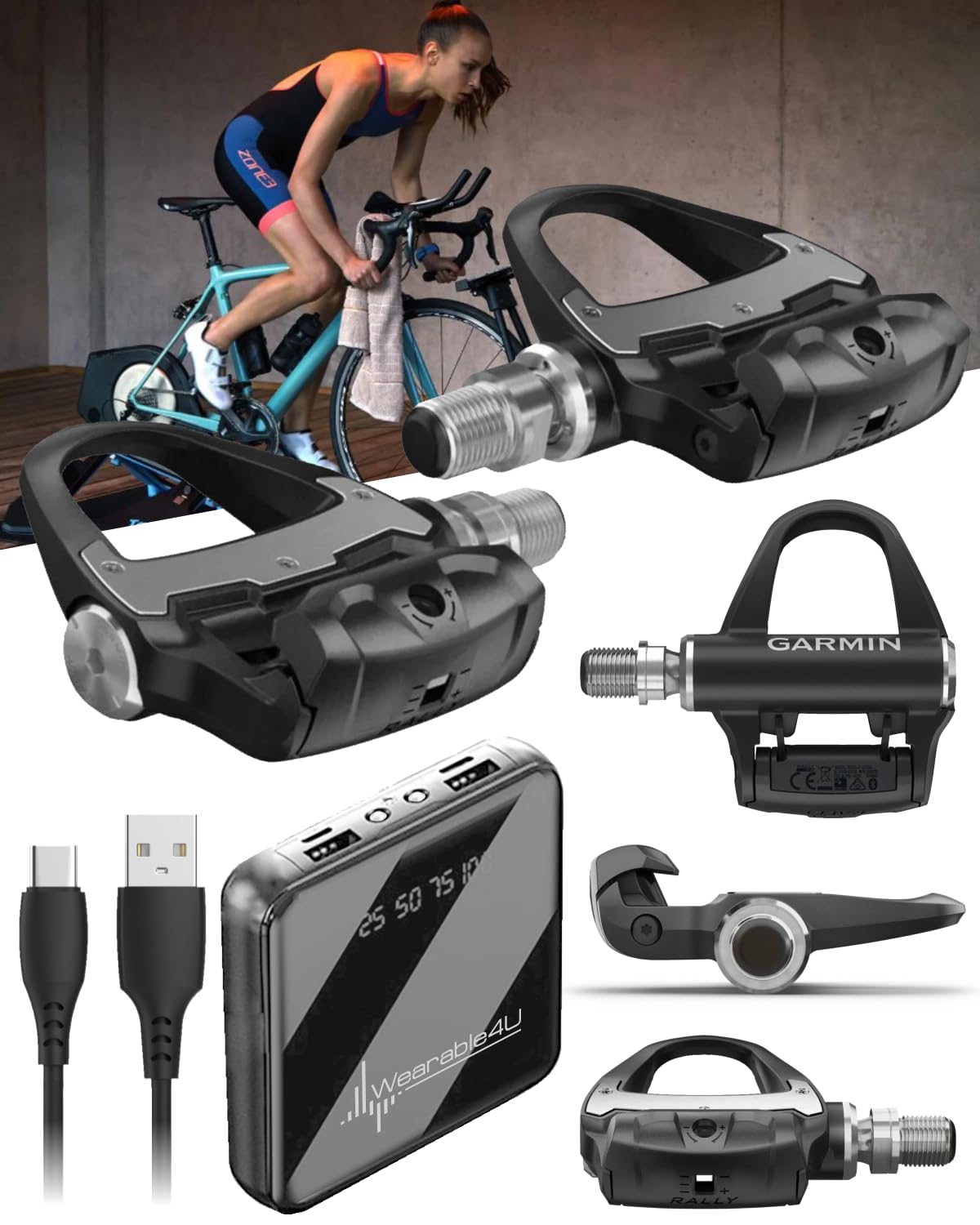 Garmin Rally Rs200, Dual-Sensing Power Meter, Compatible With Shimano Spd-Sl Cleats, Black With Wearable4U Power Bank Bundle