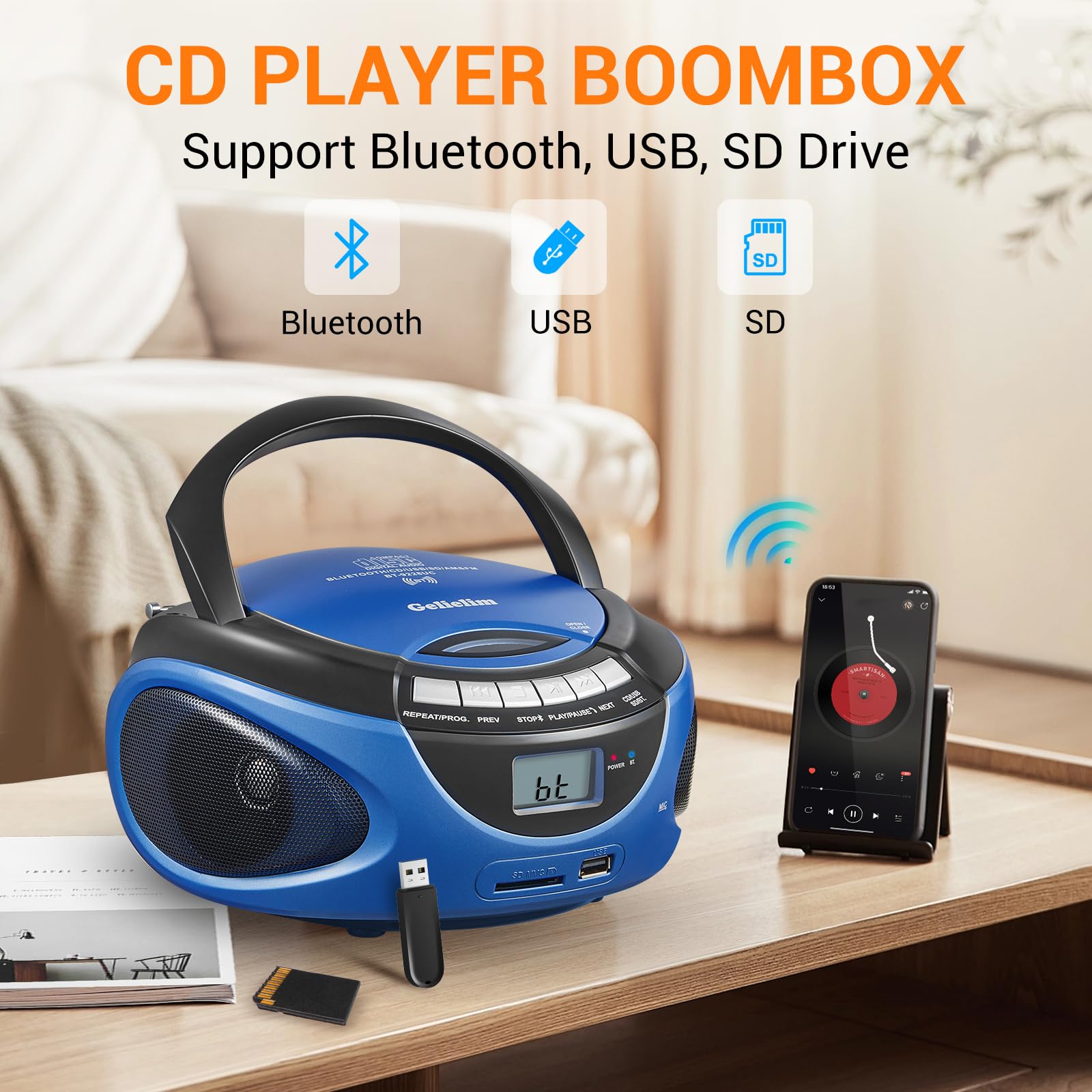 Gelielim Boombox Cd Player, Cd Players For Home With Bluetooth, Am Fm Radio, Portable Cd Boombox Support Usb, Sd, Mmc Drive, Lcd