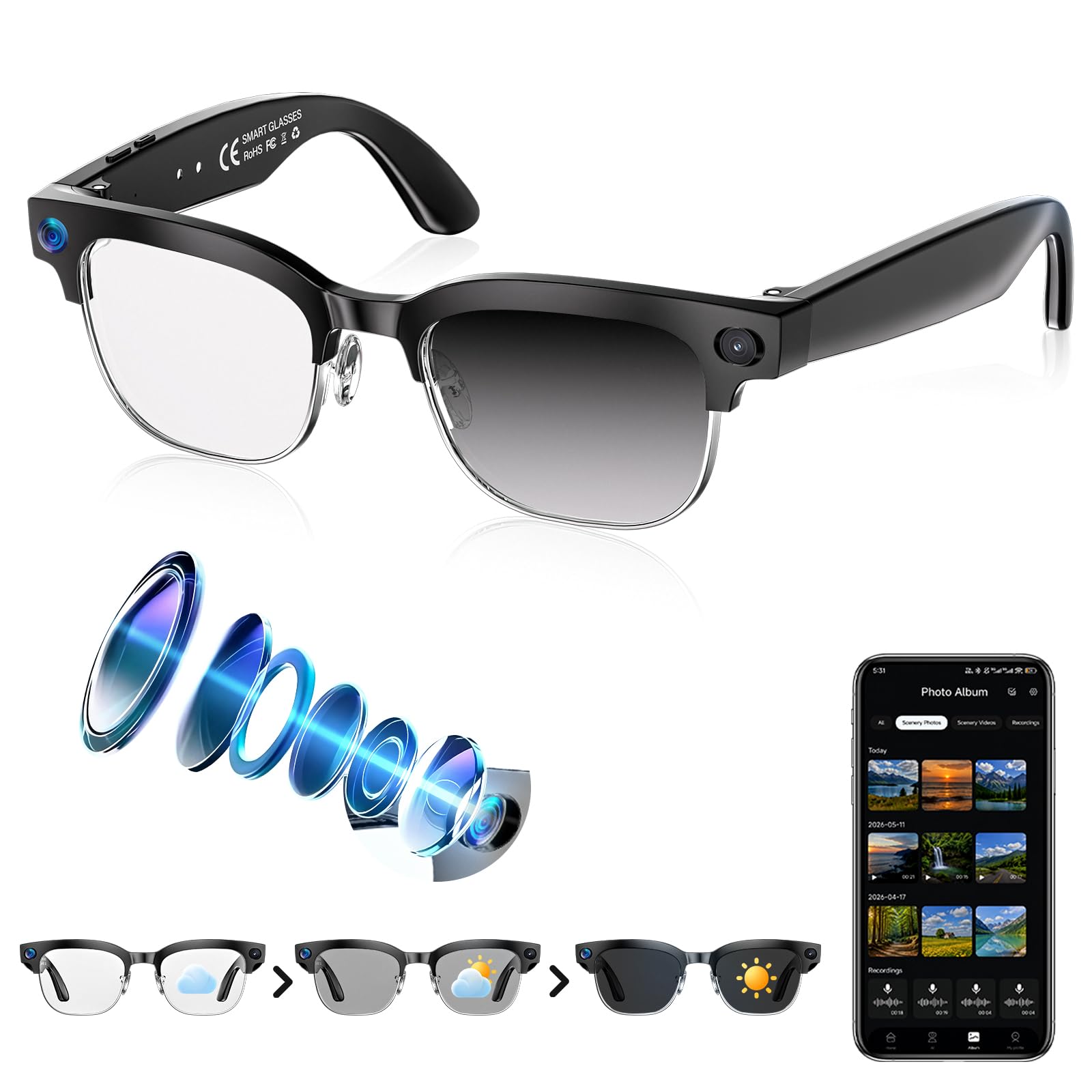 SGUKZF AI Smart Glasses with Camera, 4K EIS, RealTime Translation