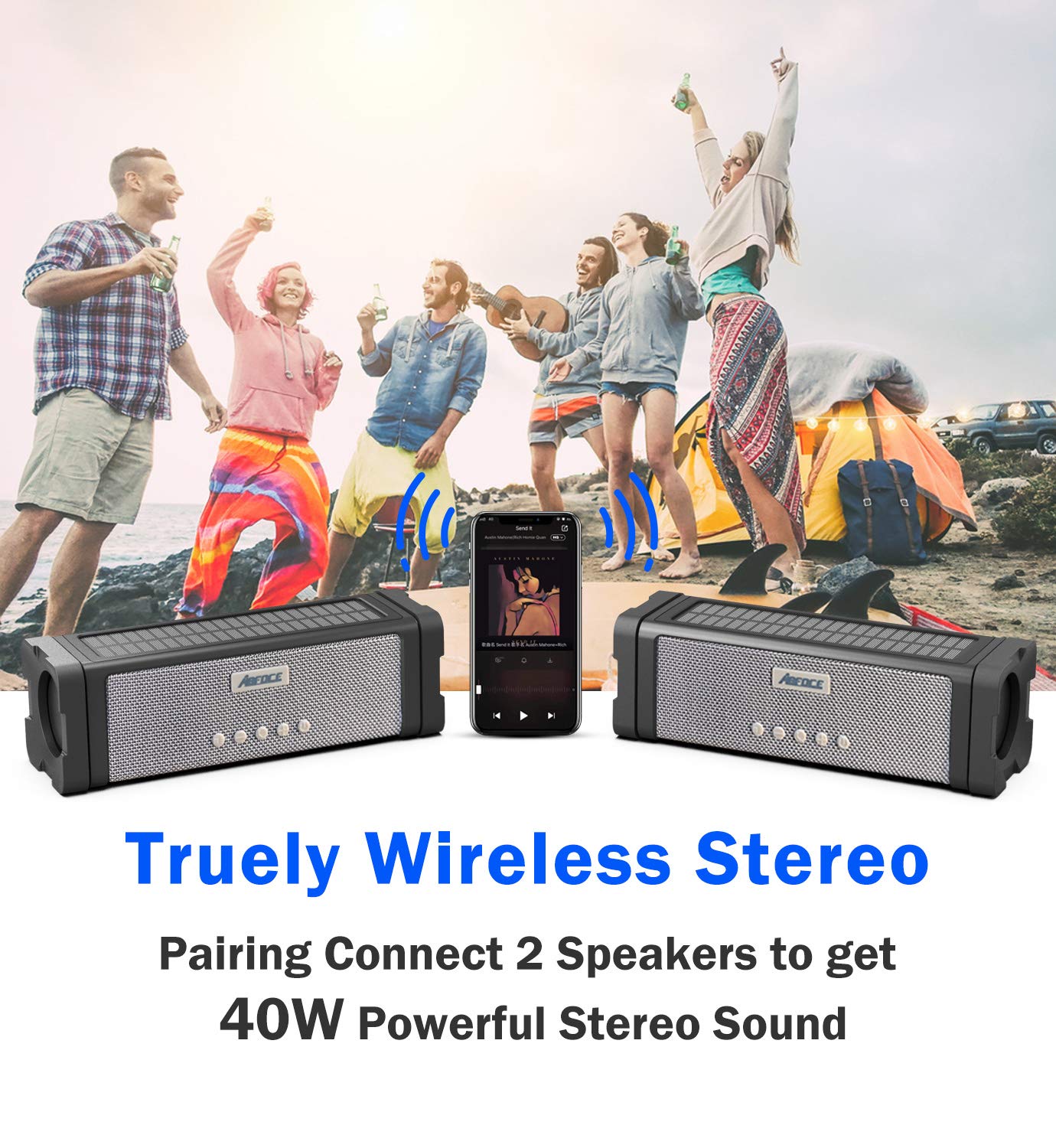 Abfoce Solar Bluetooth Speaker,Ipx7 Waterproof Portable 20W Rich Bass,With 27 Led Lights, 5000Mah Battery,Mic,Tf Card,For Outdoo