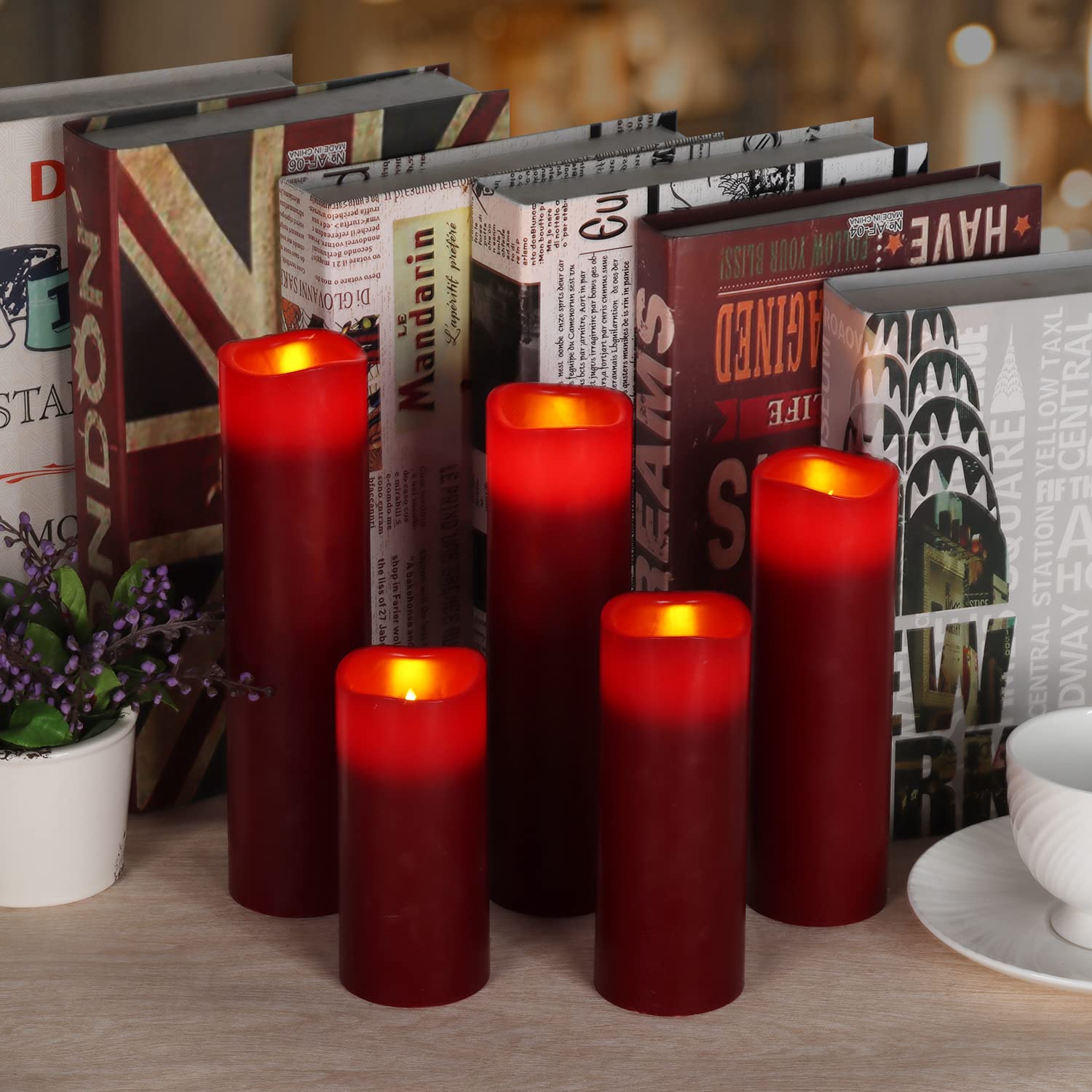 Antizer Flameless Candles Led Candles Pack Of 9 (H 4'' 5'' 6'' 7'' 8'' 9'' X D 2.2'') Burgundy Real Wax Battery Candles With Rem