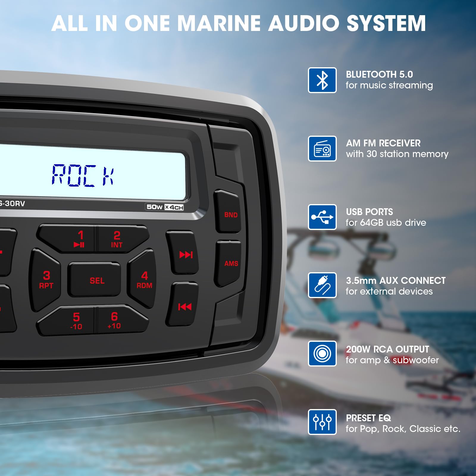 Bluetooth Marine Radio Receiver Waterproof   200 Watts Boat Stereo Head Unit With Subwoofer Usb Aux Am Fm For Atv Utv Rzr Motorc