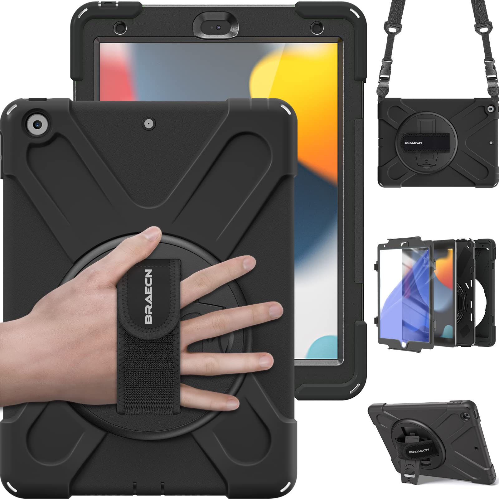 BRAECN for iPad 9th/8th/7th Generation Case, iPad 10.2 2021/2020/2019 Case with Built in Screen Protector, Hand Strap, Swiveling