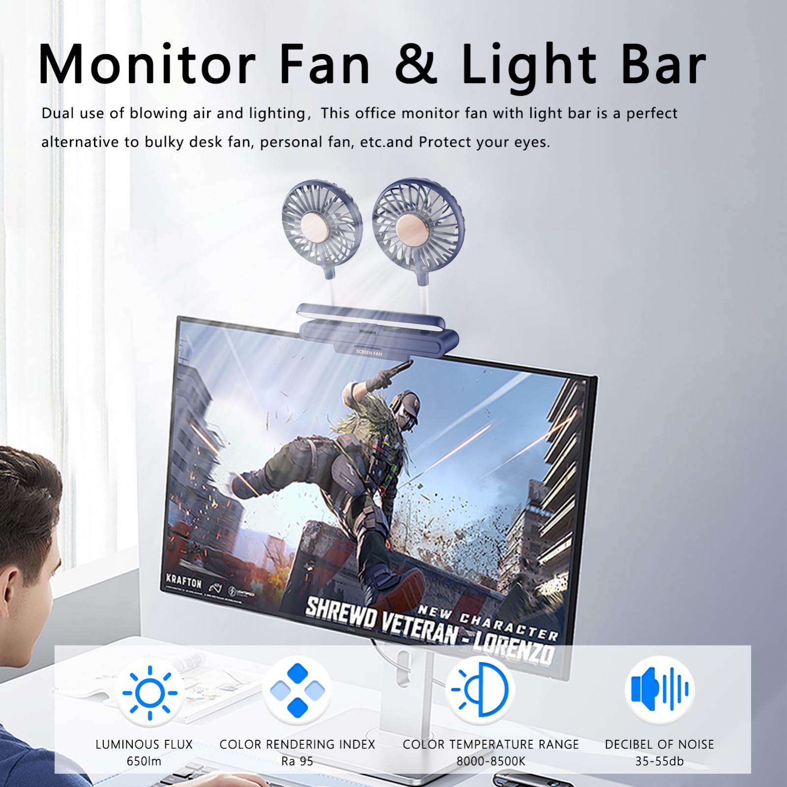 Monitor Fan Double Head With Clamp & Light Bar, Desk Lamp With Fan For Home Office Portable Laptops Fan Pc Fan Tablet Fan Lamp W