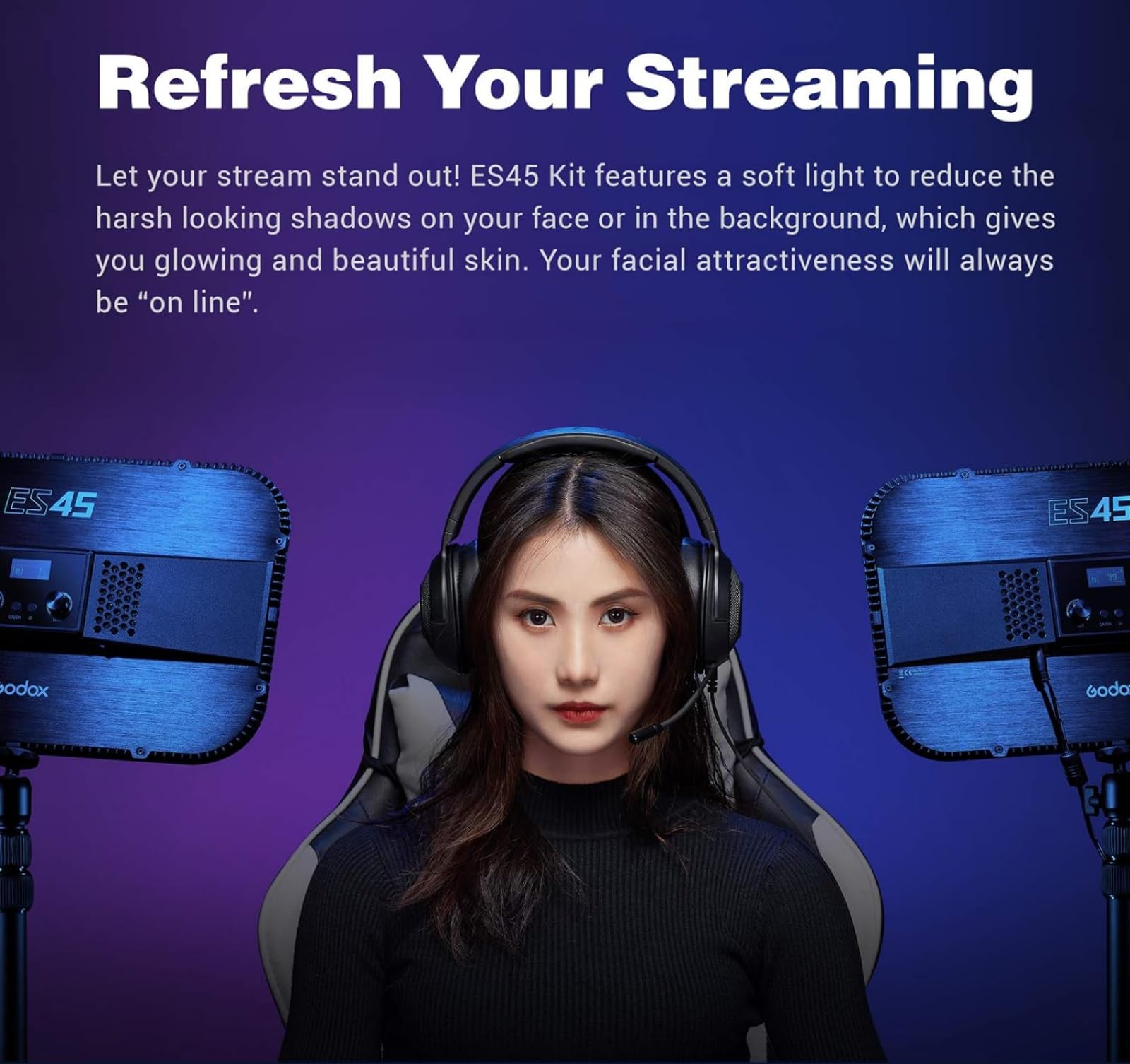 Godox Es45 Key Light, Led Video Light With Extendable Desk Stand, 0 100% Brightness & 2800 6500K Color Temperature Adjustment, A