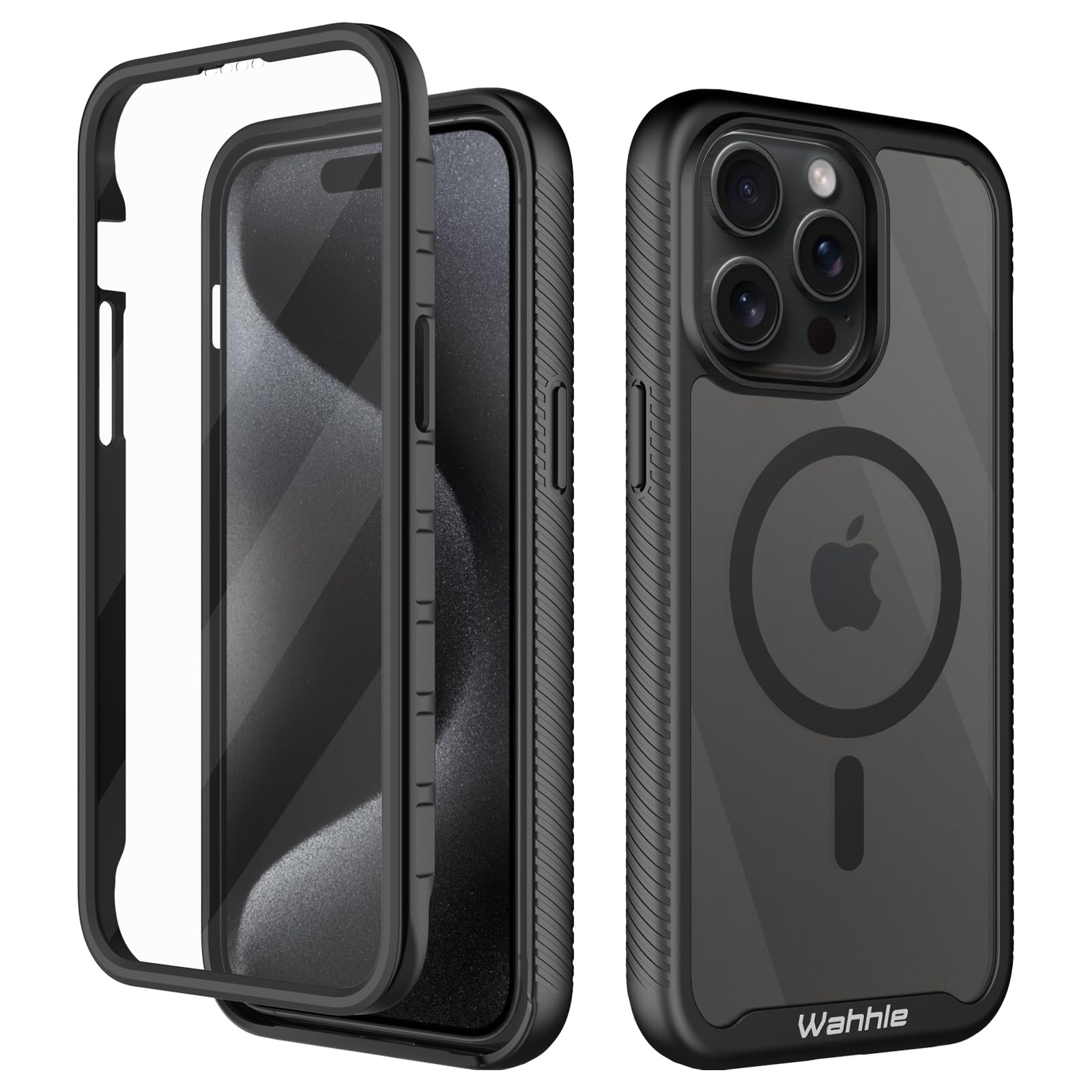 Wahhle Compatible With Iphone 15 Pro Case, Magnetic Wireless Charging Built In Screen Protector Full Body Shockproof Slim Fit Bu