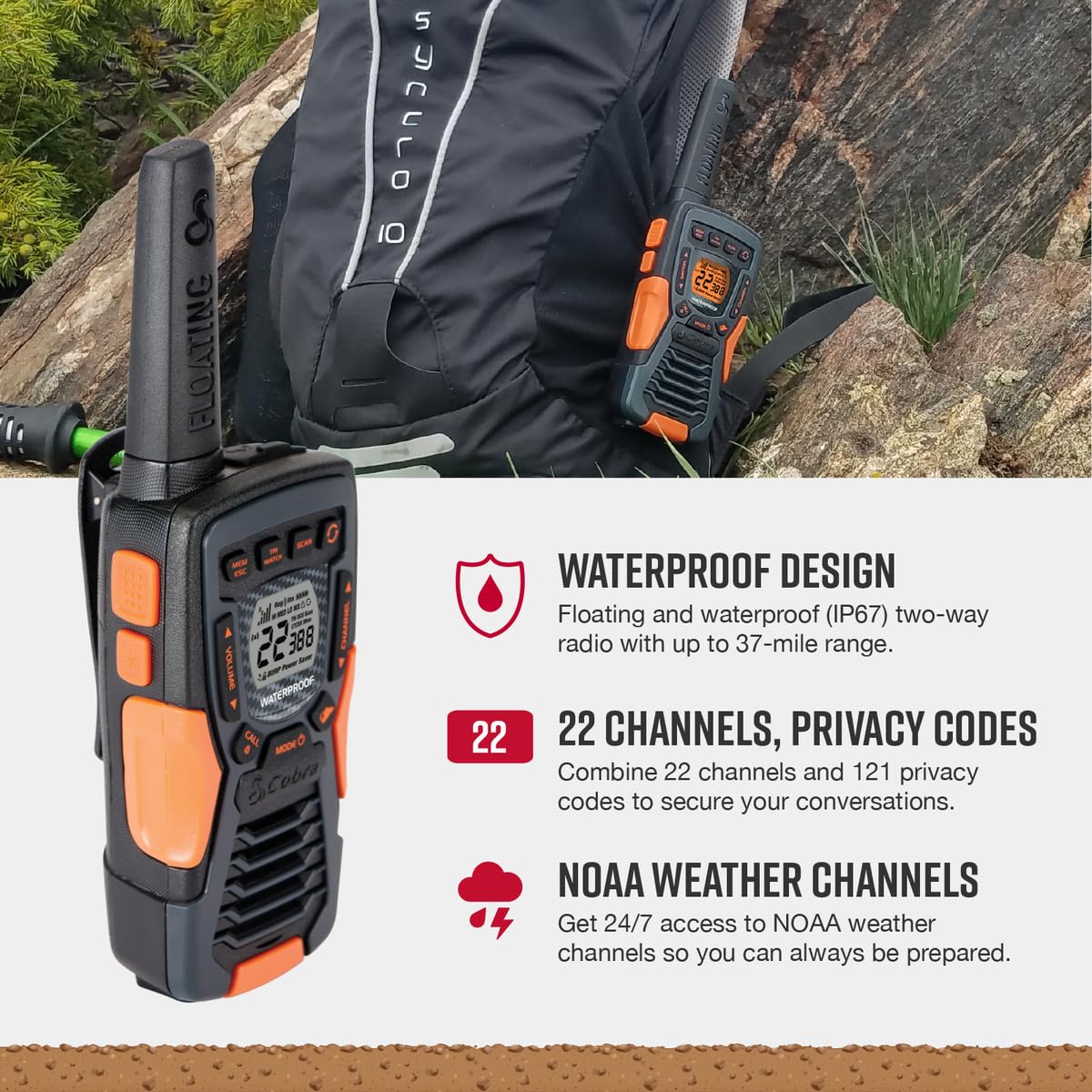 Cobra Acxt1035R Flt Floating Walkie Talkies   Waterproof, Rechargeable, Long Range Up To 37 Mile Two Way Radio With Noaa Weather Alert & Vox, (2 Pack)