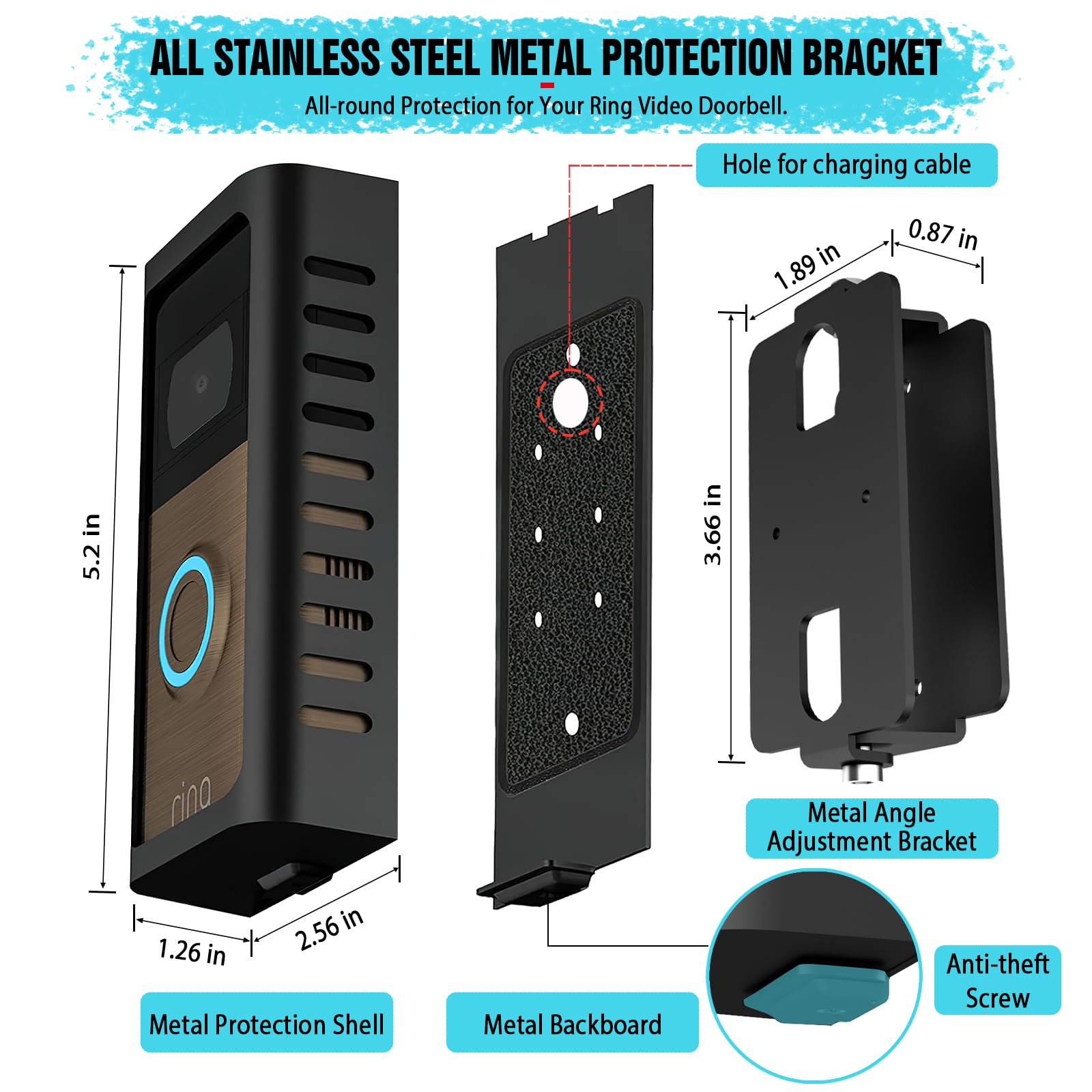 Anti Theft Doorbell Mount With Adjustable Angle(45 135 Degrees),Upgraded Steel Metal Bracket For Ring Battery Video Doorbell 2/3