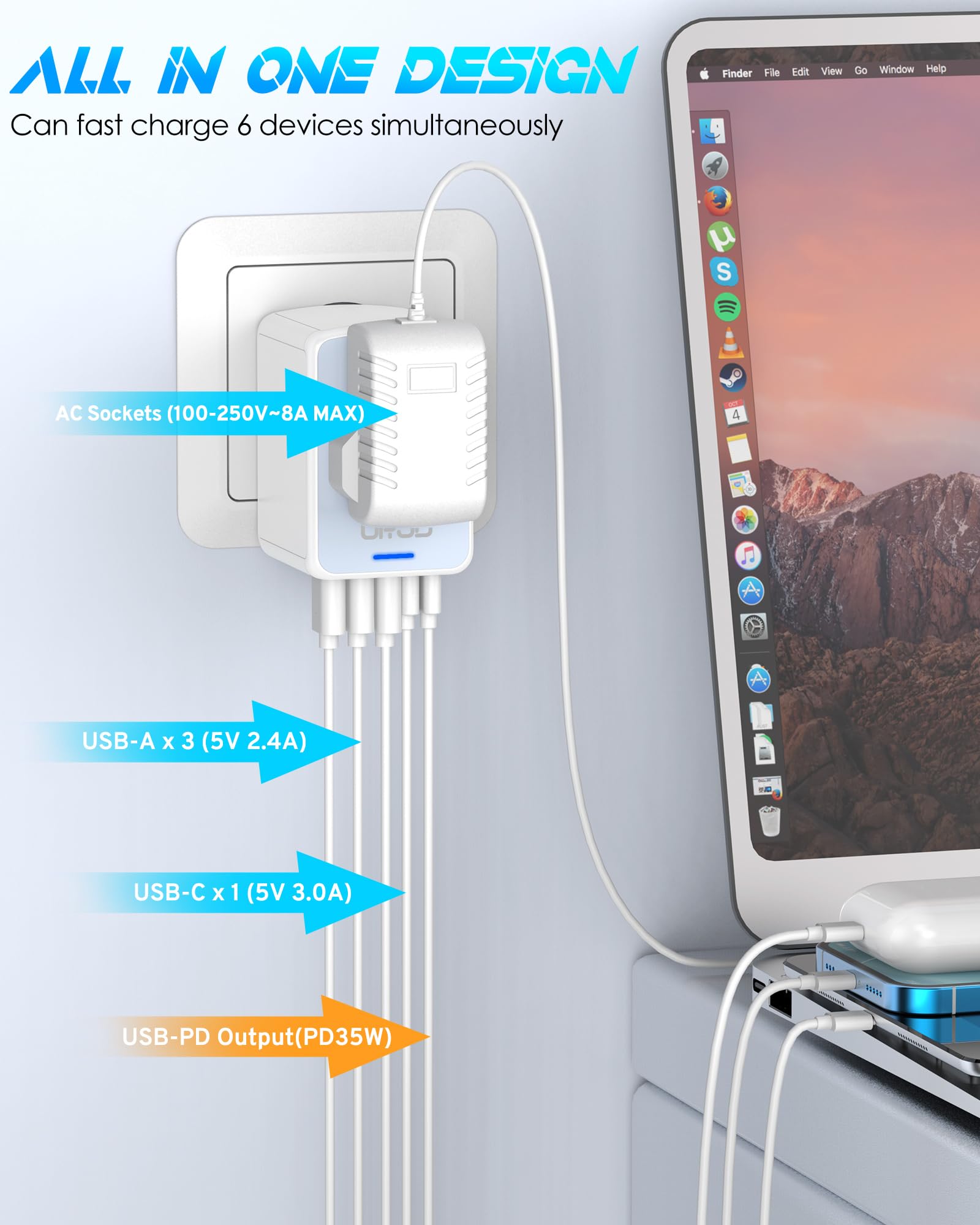 Urjd Universal Travel Adapter 35W Pd Fast Charging Offers 3X2.4A Usb A Ports, 2X Usb C Ports And Multi Ac Outlet, International