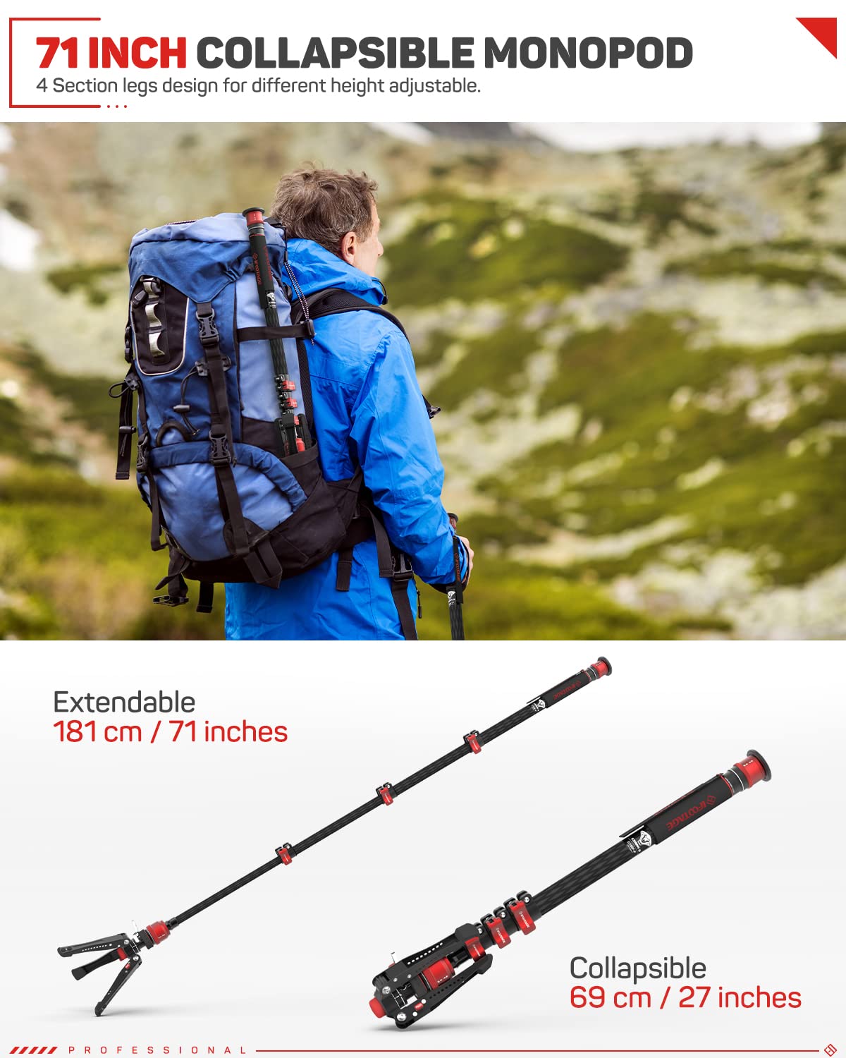 Ifootage Cobra 3 Carbon Fiber Monopod With Pedal, 71'' Professional Monopod For Cameras, Portable Travel Monopod With Feet, Max