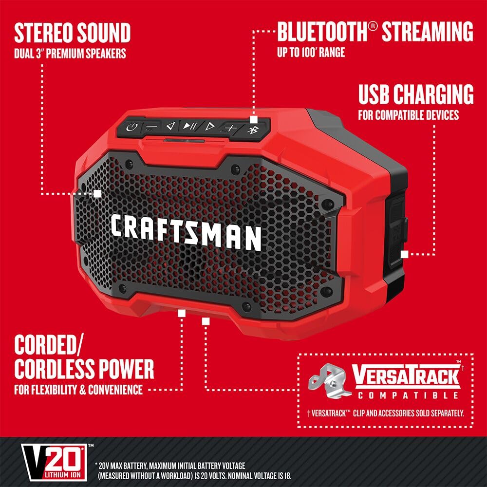 Craftsman V20 Wireless Portable Bluetooth Speaker, Tool Only (Cmcr001B), Red