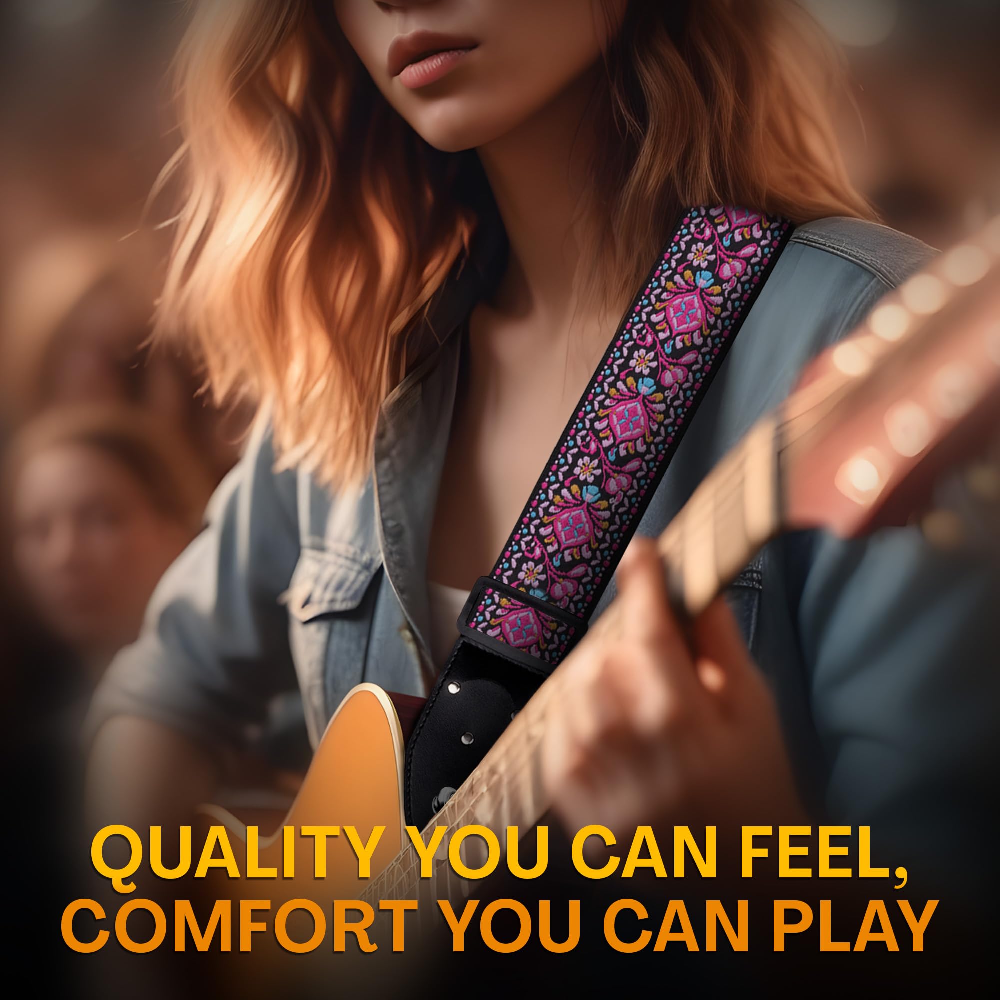 Art Tribute Guitar Strap For Acoustic, Electric And Bass Guitar, Adjustable Pink Woven Strap W/Free Bonus 2 Picks + Strap Locks