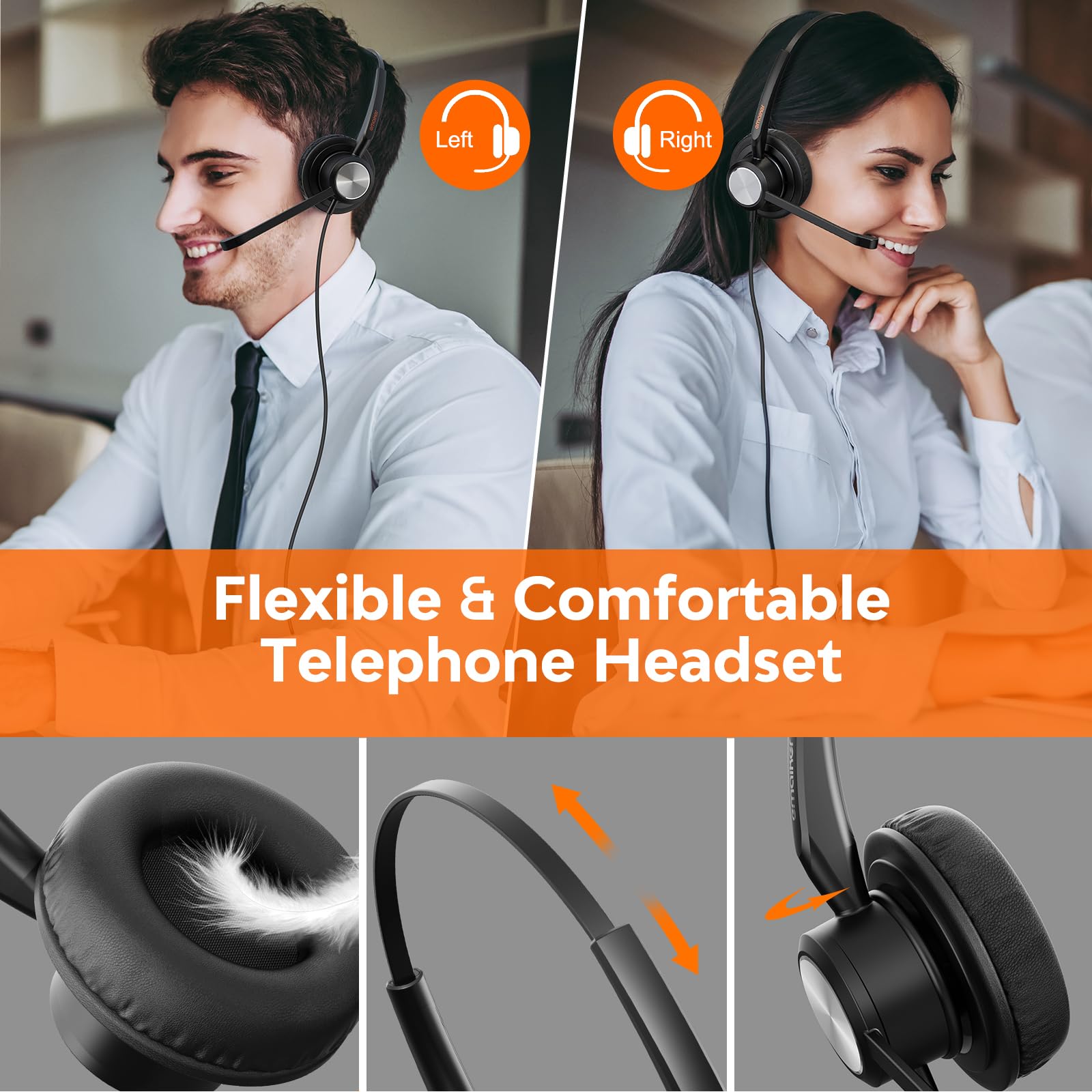 Wired Call Center Desk Phone Headset With Noise Cancelling Microphone & U10P Qd Cable, Office Rj9/Rj11 Telephone Headset Works F