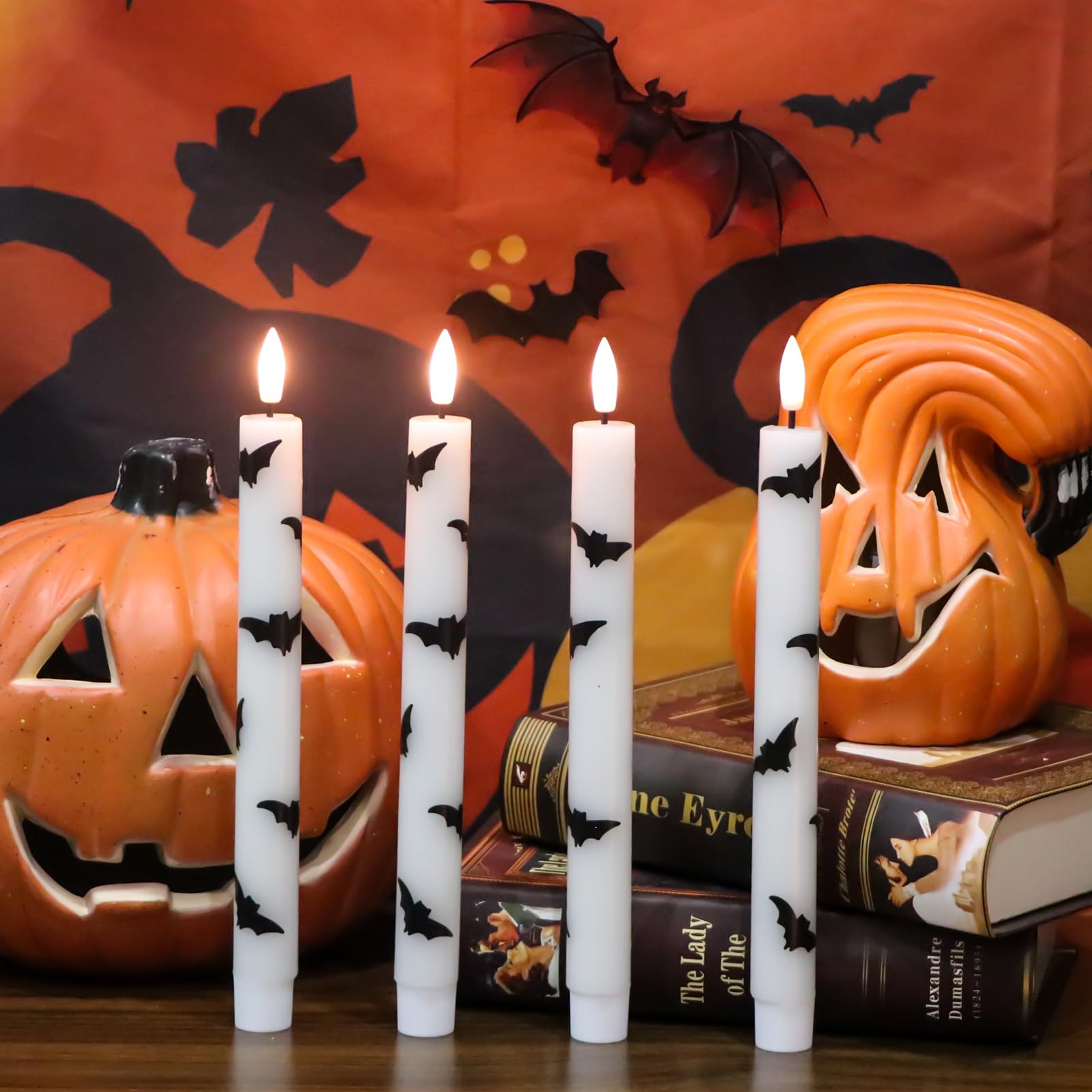 Lasumora Halloween Flameless Taper Candles With Remote Timer, 4 Pack Led Flickering Candlestick, 9.65 Inch Battery Operated Real