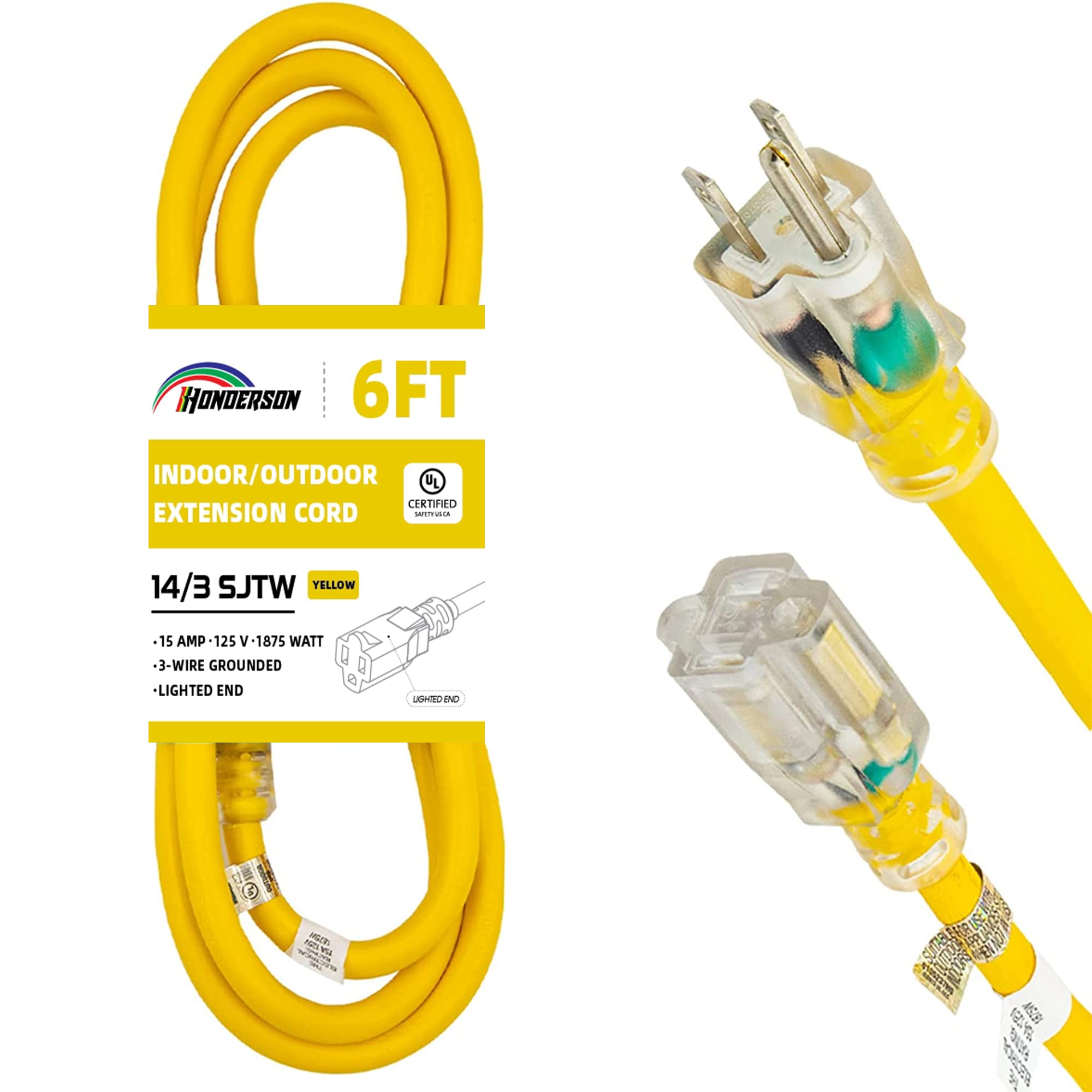 Honderson Indoor Outdoor Extension Cord Weatherproof With Lighted End, Ul Listed, 14 Gauge 6Ft Yellow 3 Prong Heavy Duty Extensi