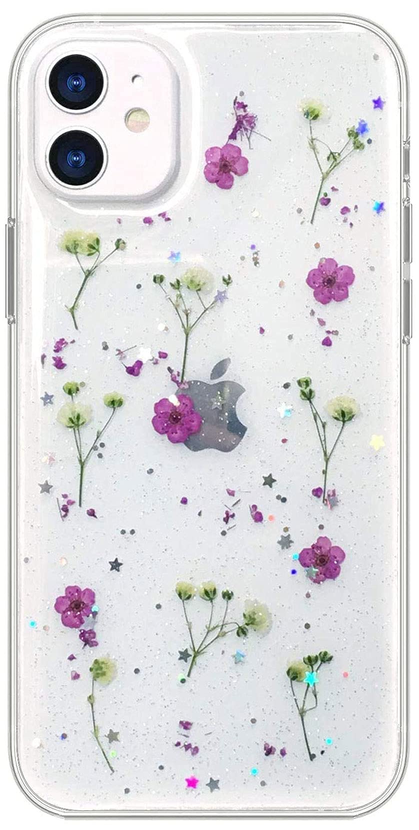 Abbery Designed For Iphone 11 Pressed Flower Case, Cute Bling Glitter Sparkle Clear With Design Soft Silicone Tpu Rubber Dried R