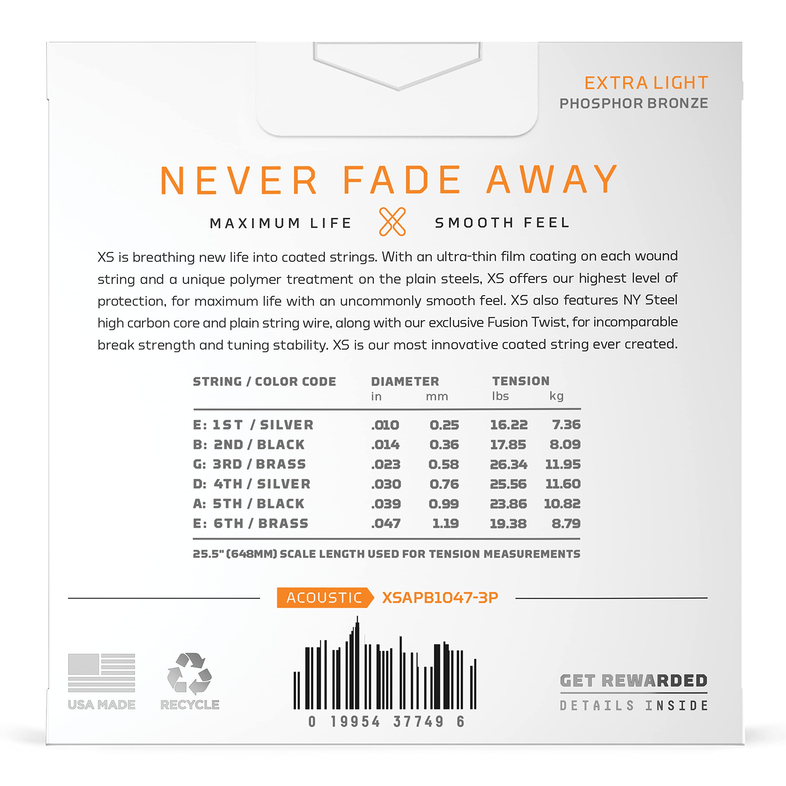 D'Addario Guitar Strings   Xs Phosphor Bronze Coated Acoustic Guitar Strings   Xsapb1047 3P   Maximum Life With Smooth Feel & Ex