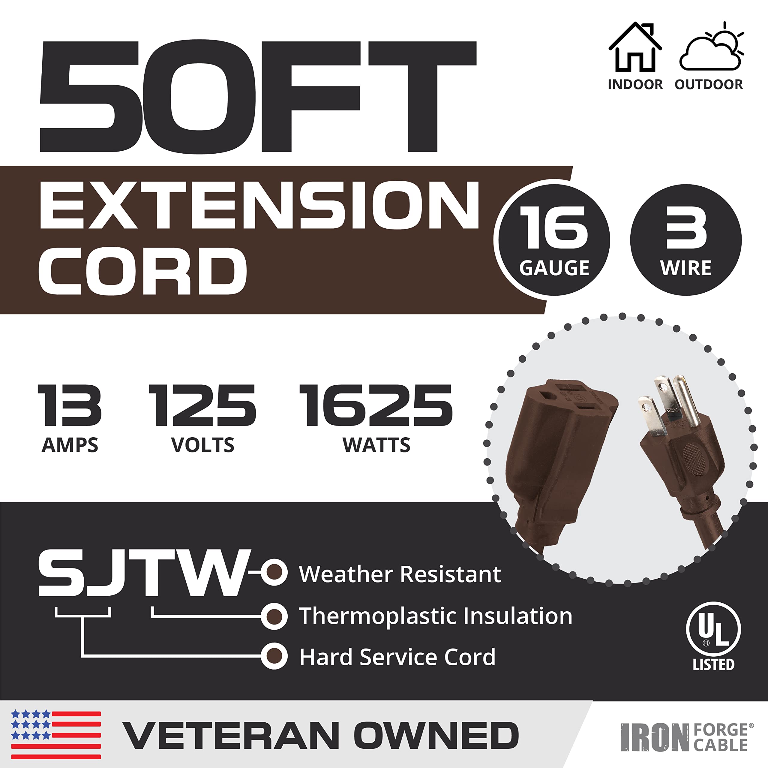 Iron Forge Cable Outdoor Extension Cord 50 Ft, 16/3 Sjtw 50 Foot Dark Brown Exterior Extension Cord 3 Prong, Weatherproof 13 Amp