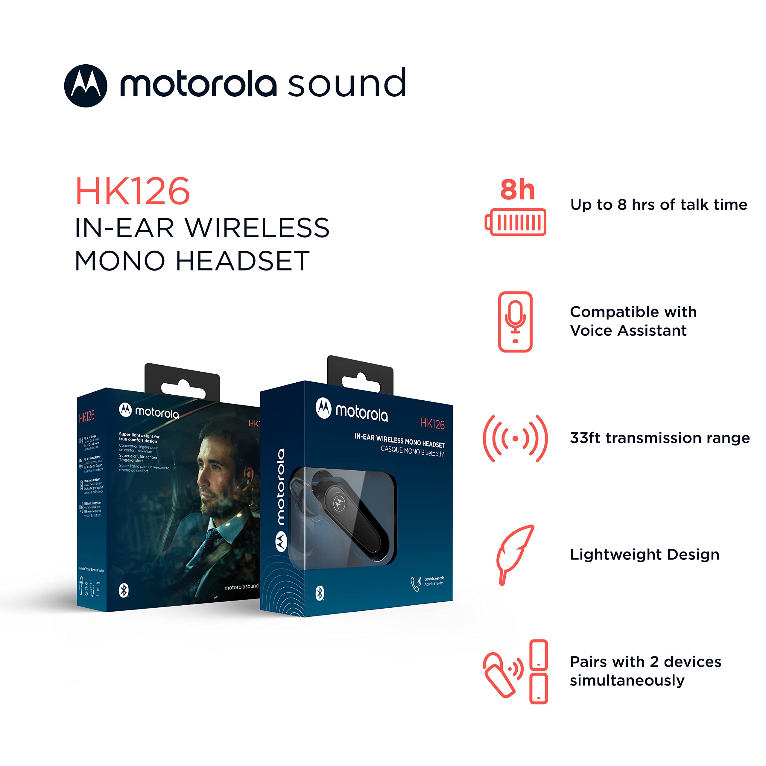 Motorola Sound Hk126 Bluetooth Earpiece - In-Ear Wireless Mono Bluetooth Headset With 8-Hour Talk Time, Voice Assistant Compatib