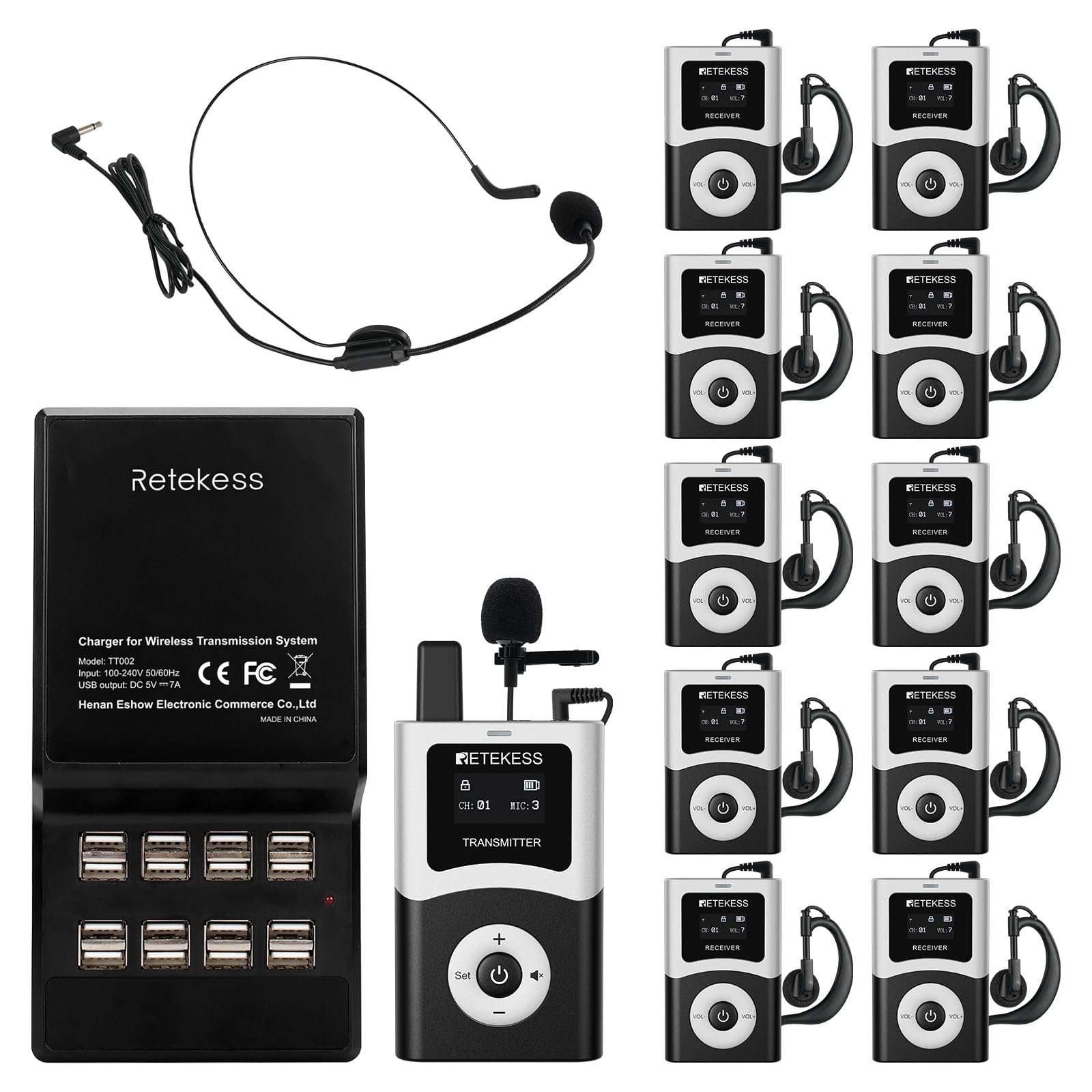 Retekess T130U(4nd Gen T130) Wireless Tour Guide System,Tour Guide Headsets with Microphone,Clear Sound Quality,Easy Operation, 