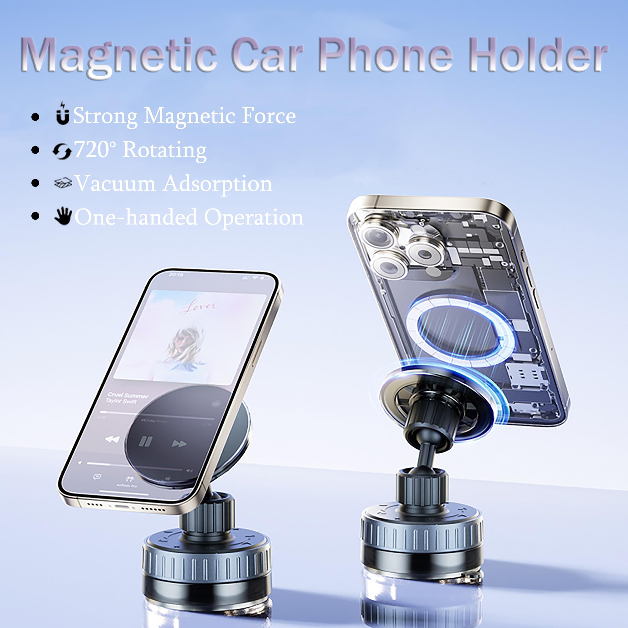 Upgraded Vacuum Magnetic Suction Phone Holder[89+Lbs Strongest Suction&20*N55 Magnets], 720 Adjustable Car Phone Mount, Magnetic