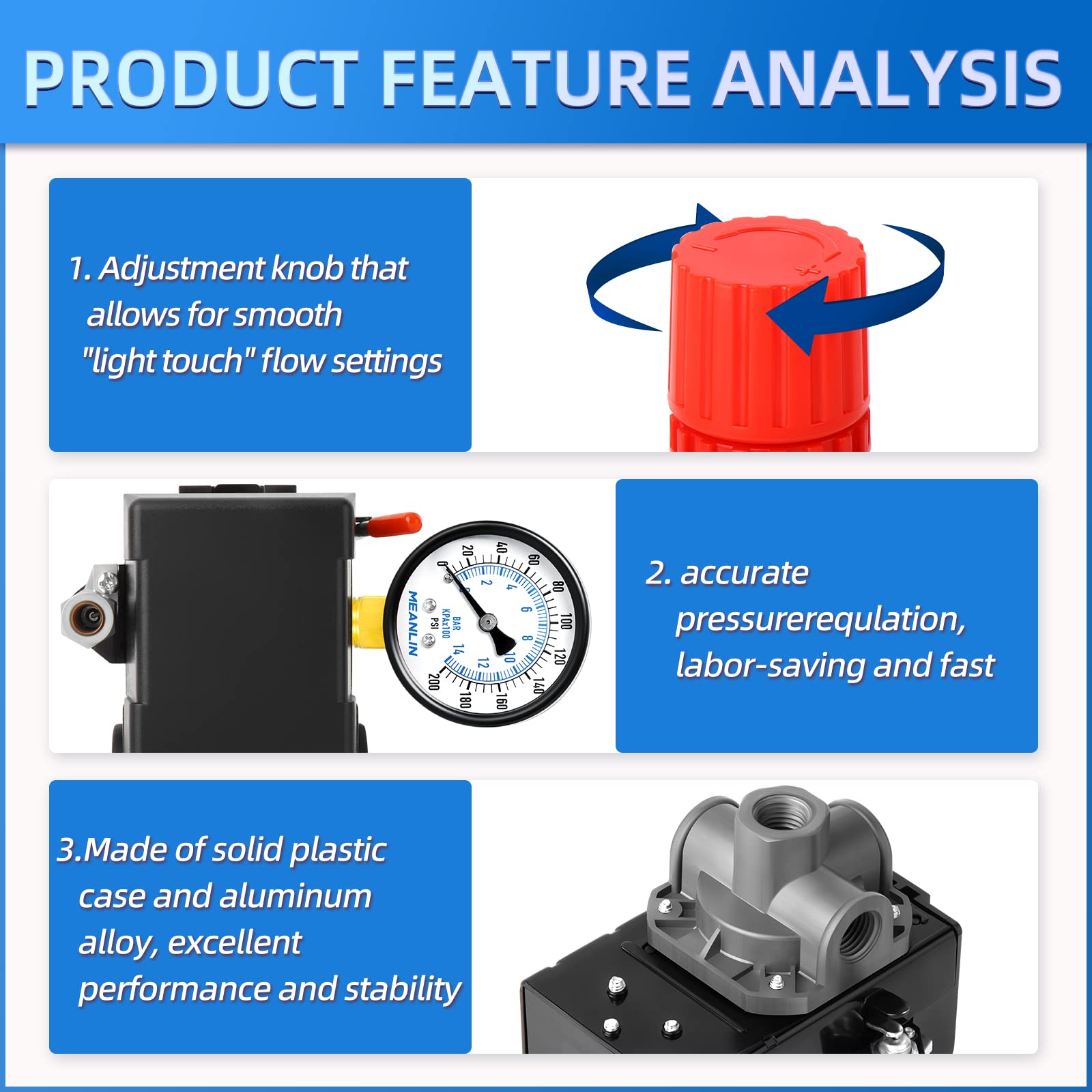 Meanlin Measure Air Compressor Pressure Switch Control Valve 95 125 Psi 110V 240V 4 Way Replacement Parts With 0 180 Psi Air Com