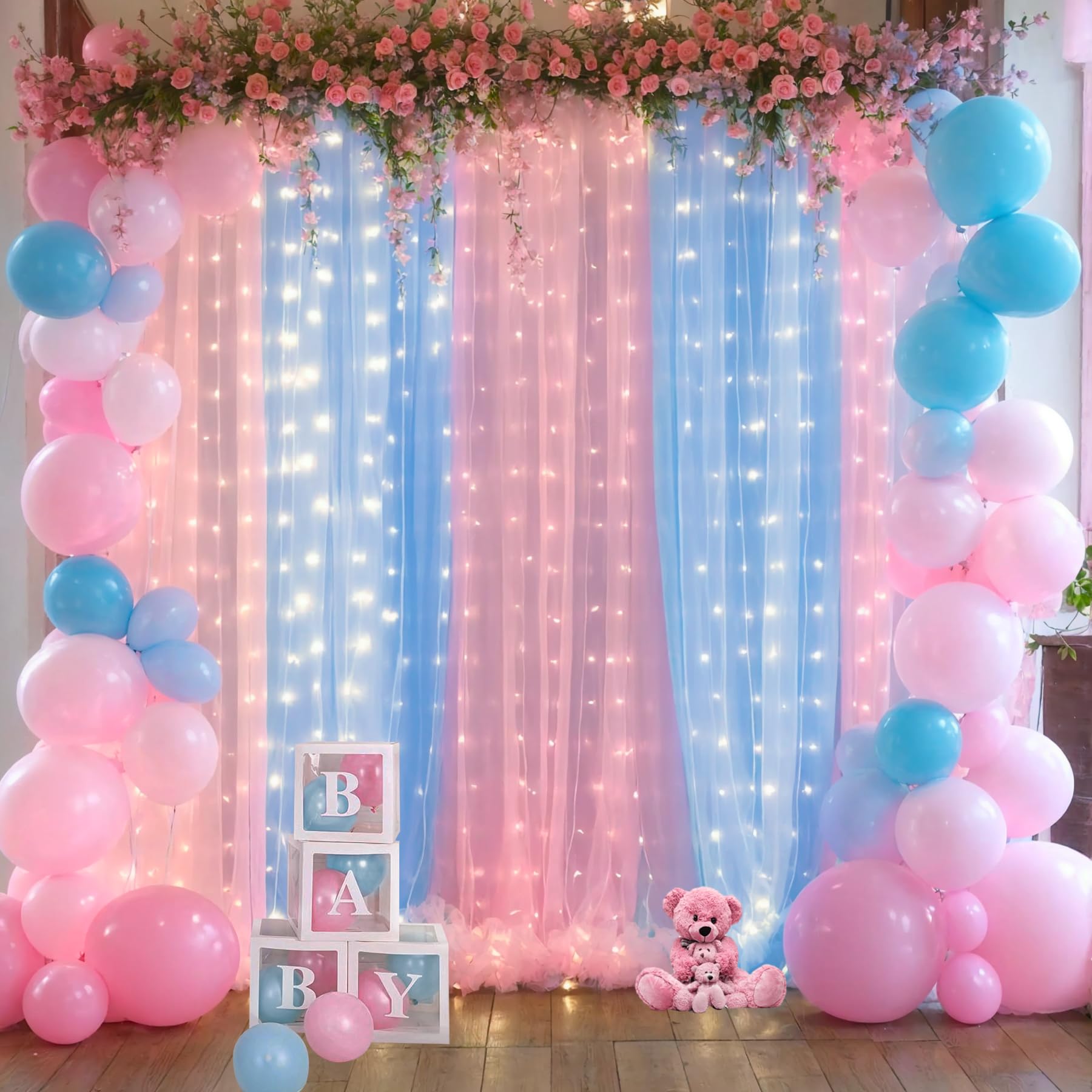 Pink And Blue Backdrop Curtains With Lights String For Baby Shower Sheer Tulle Backdrop Curtain For Gender Reveal Birthday Party