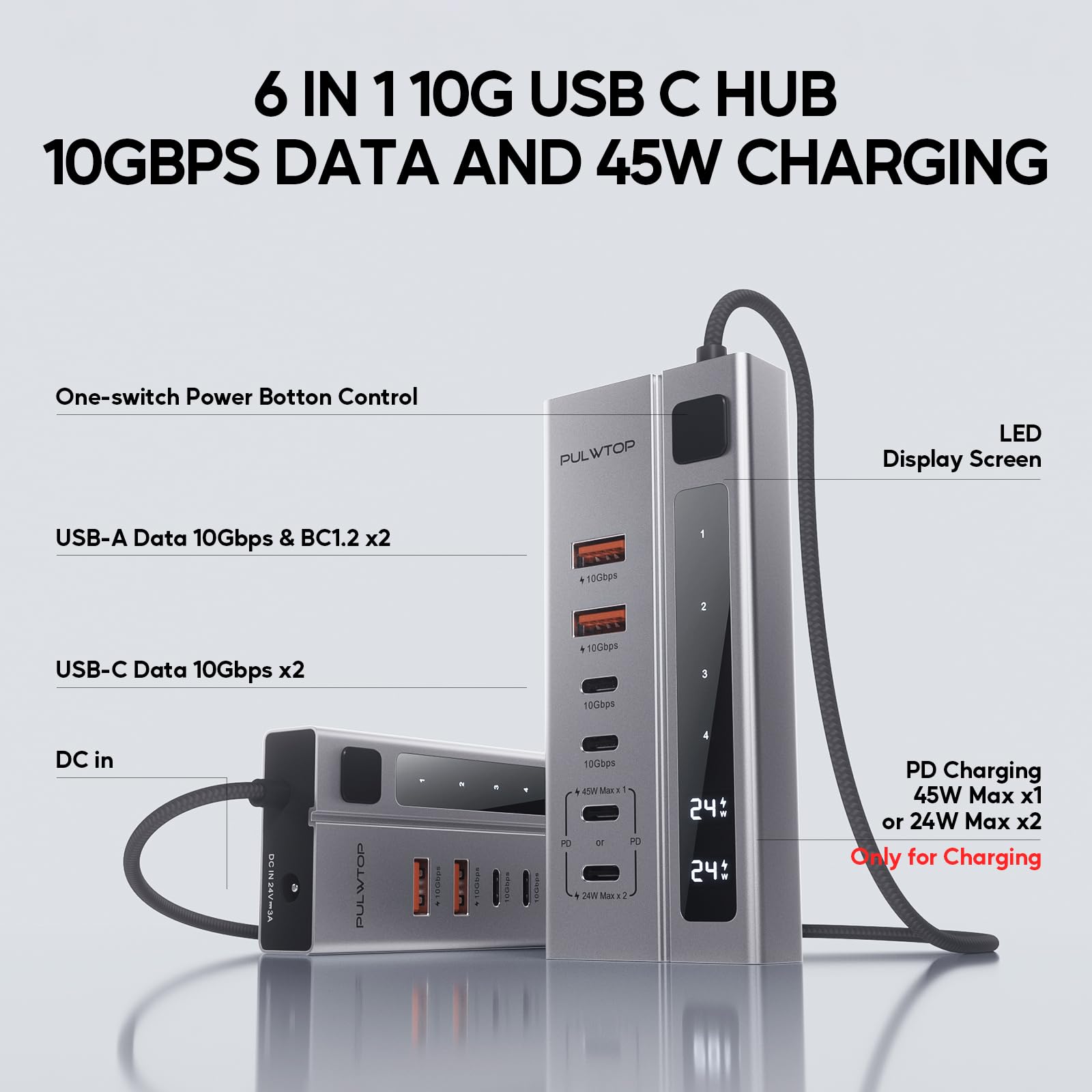 Powered Usb C Hub, Pulwtop Usb Hub Powered Support 10Gbps Data & Pd 45W Charging Not Support Video, 2Usb C 10Gbps Ports, 2Usb 3.