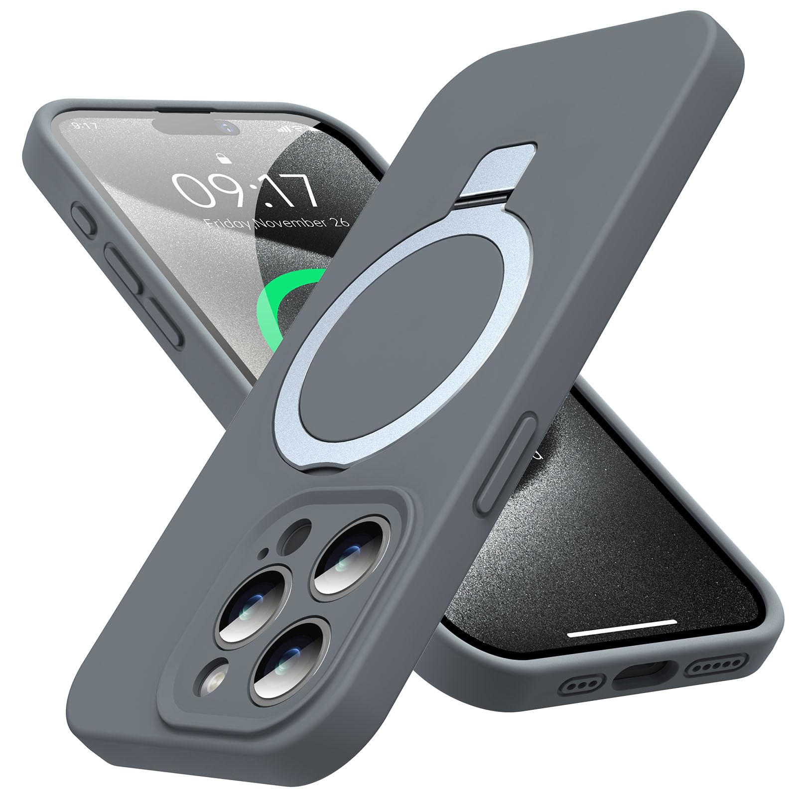 Kmambag Mag Ring Designed For Iphone 15 Pro Case, Liquid Silicone [Moisturizing Factor] Extreme Soft Slim Phone Case With Stand