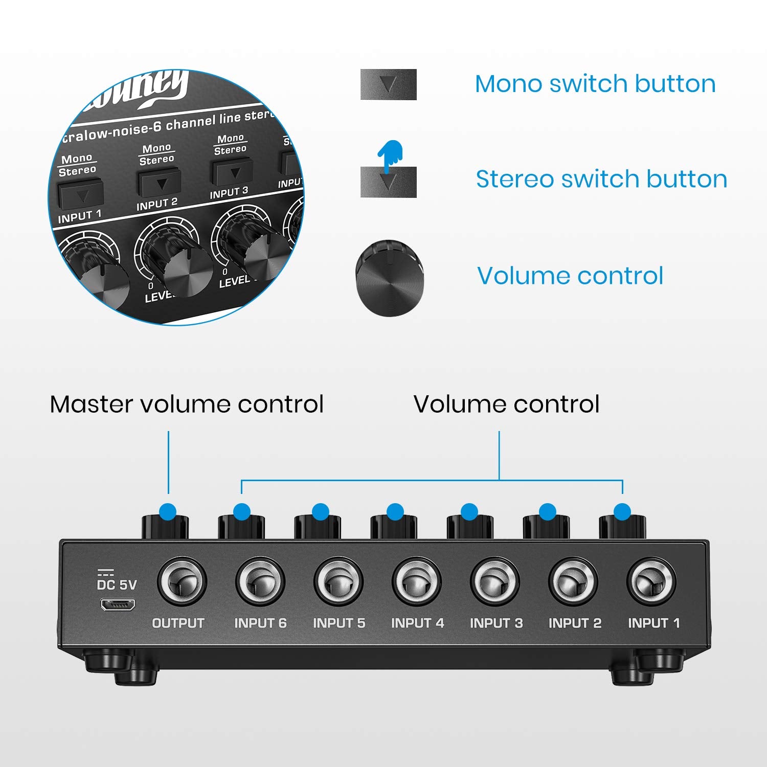 Moukey Audio Mixer Line Mixer, Dc 5V, 6 Stereo Ultra, Low Noise 6 Channel For Sub Mixing, Ideal For Small Clubs Or Bars, As Guitars, Bass, Keyboards Mixer, 2021 New Version Mamx2