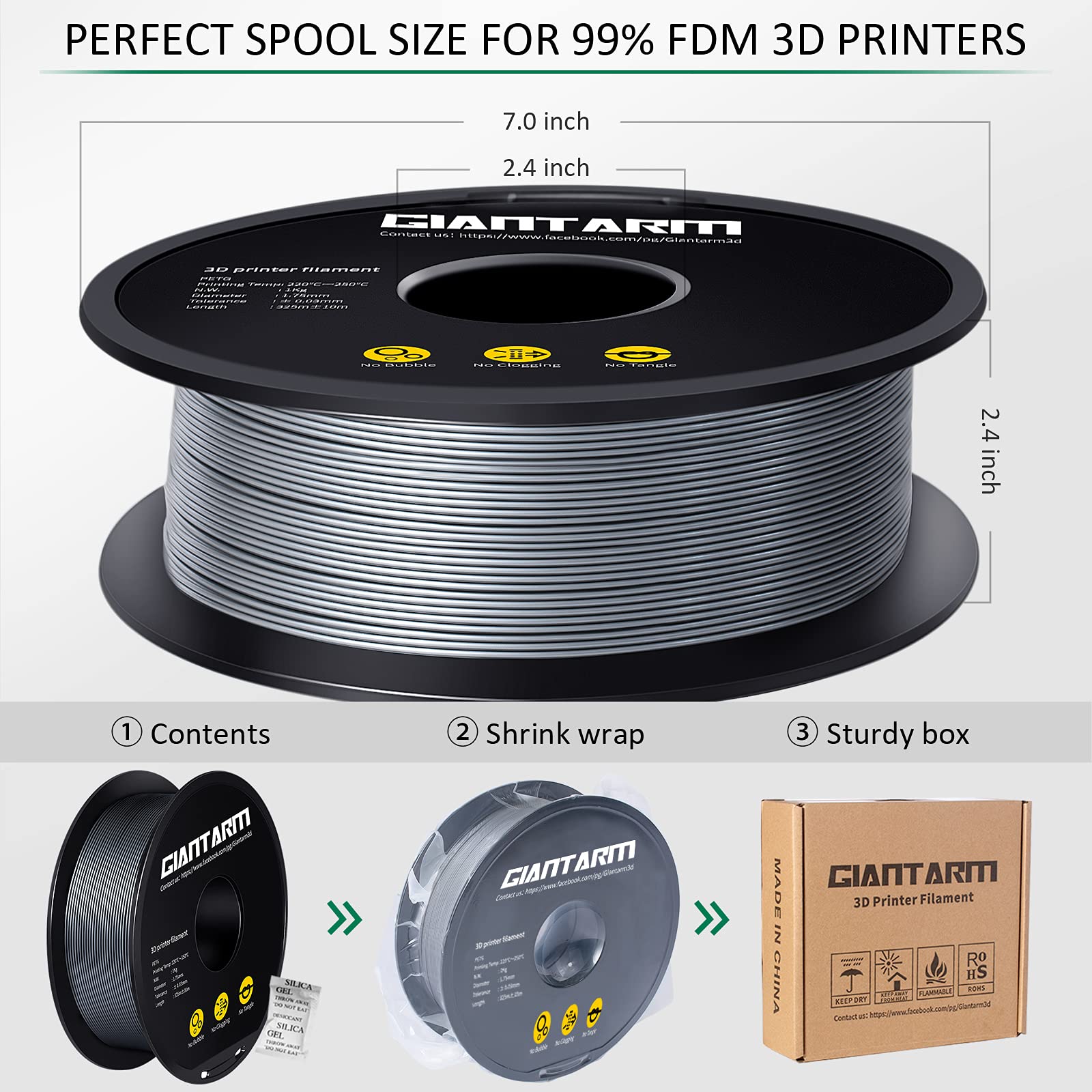 Giantarm Silver Petg 3D Printer Filament Toughness Enhanced 1Kg (2.2Lbs), 1.75Mm Dimensional Accuracy +/ 0.03Mm, 1080 Feet(330M/