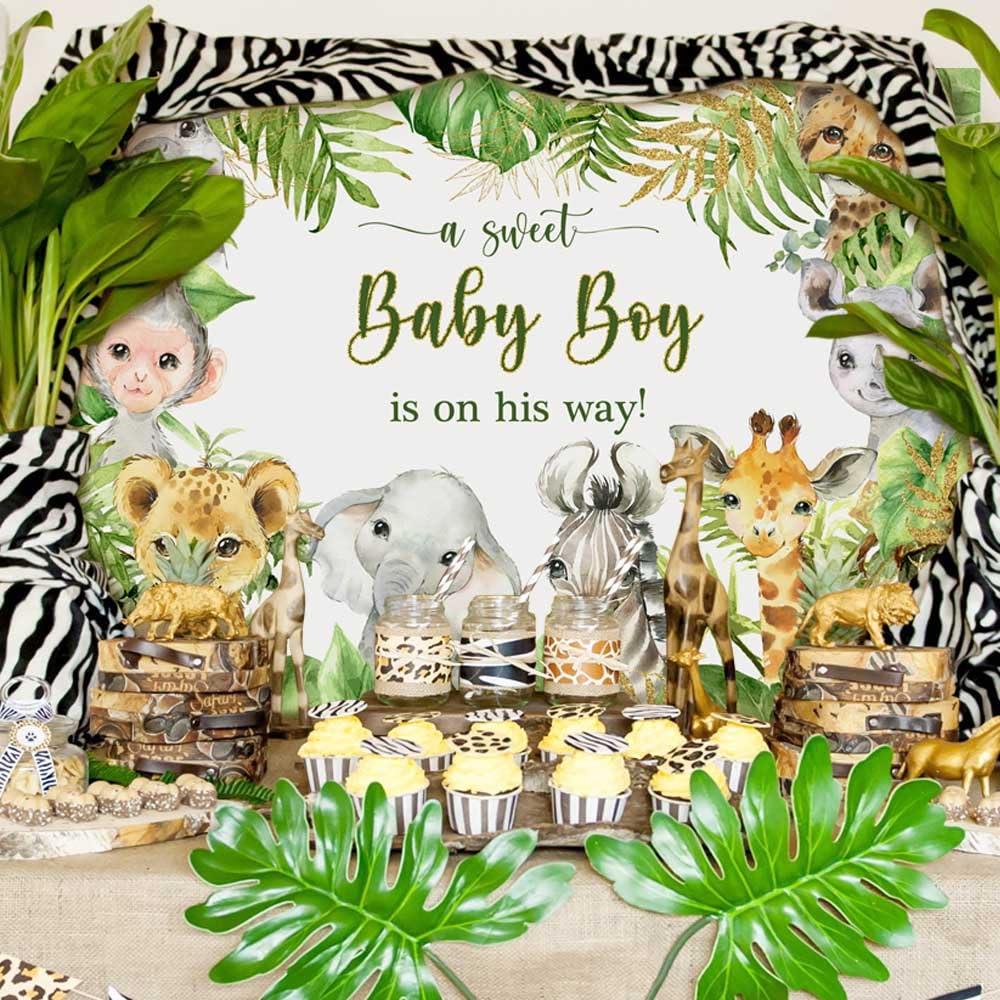 Aperturee 7X5Ft Jungle Safari Animals Baby Shower Backdrop Baby Boy Is On His Way It'S A Boy Photography Background Green Leaves Photo Booth Studio Cake Table Banner Party Decorations Props Supplies