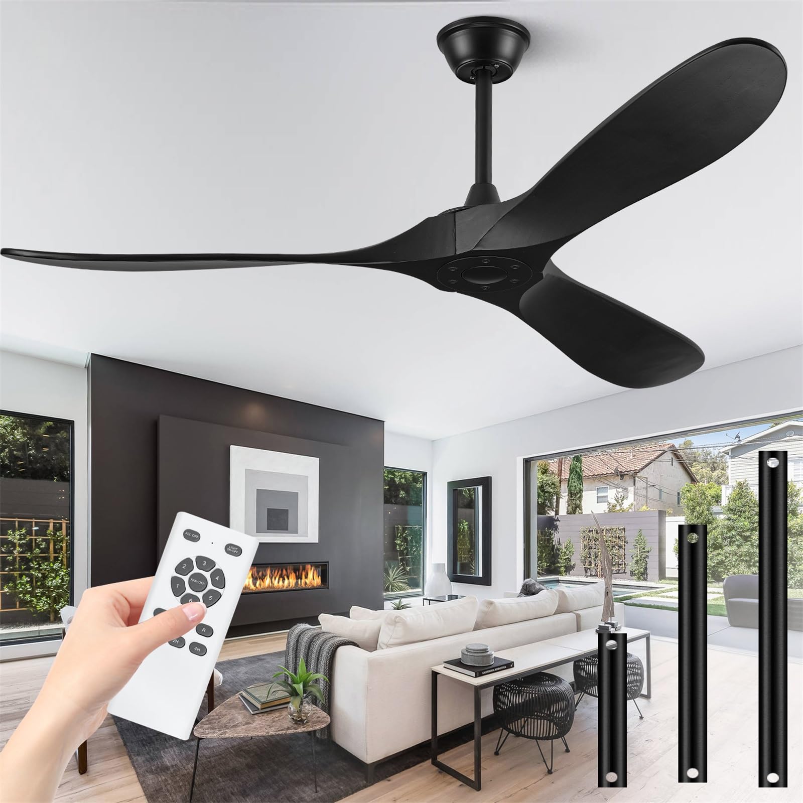 Boosant 60'' Ceiling Fans Without Light, Solid Wood Ceiling Fan With Remote Control And Quiet Dc Motor, Ceiling Fan No Light 3 B