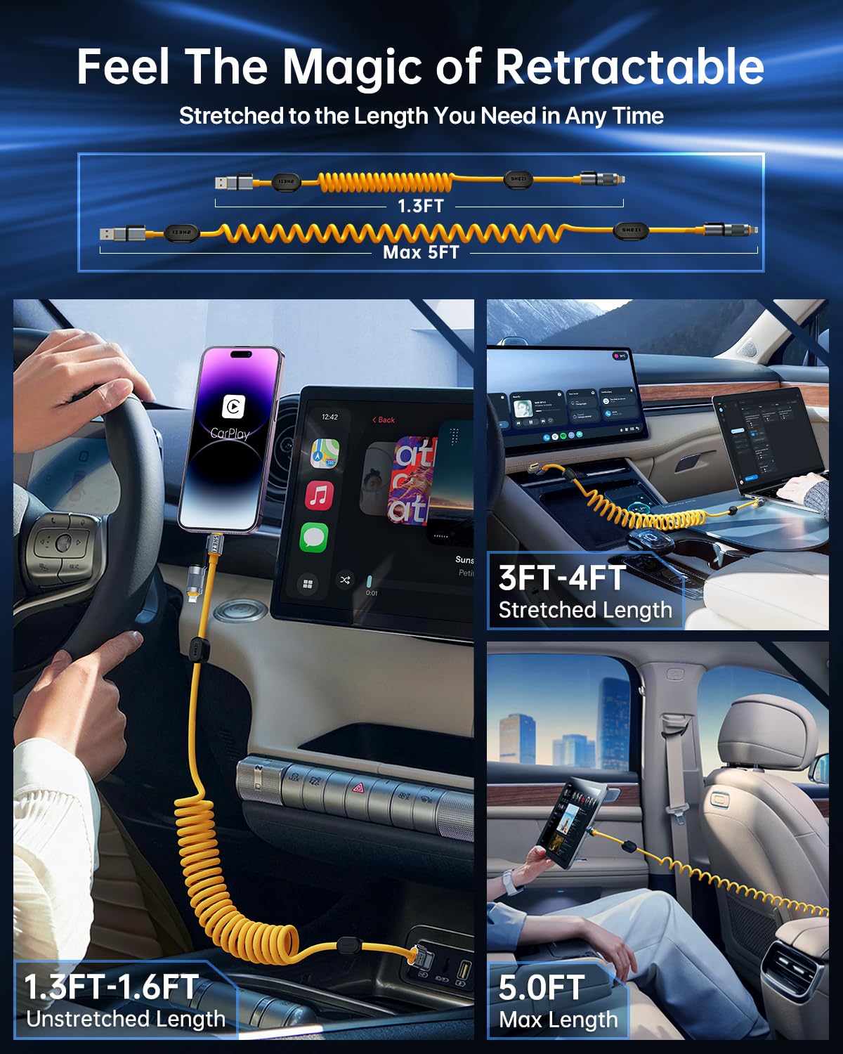 Vexipia 4-in-1 Coiled USB C to Lightning Charging Cable 60W Fast Charging CarPlay Android Auto Multi-Port Silicone Yellow 5ft