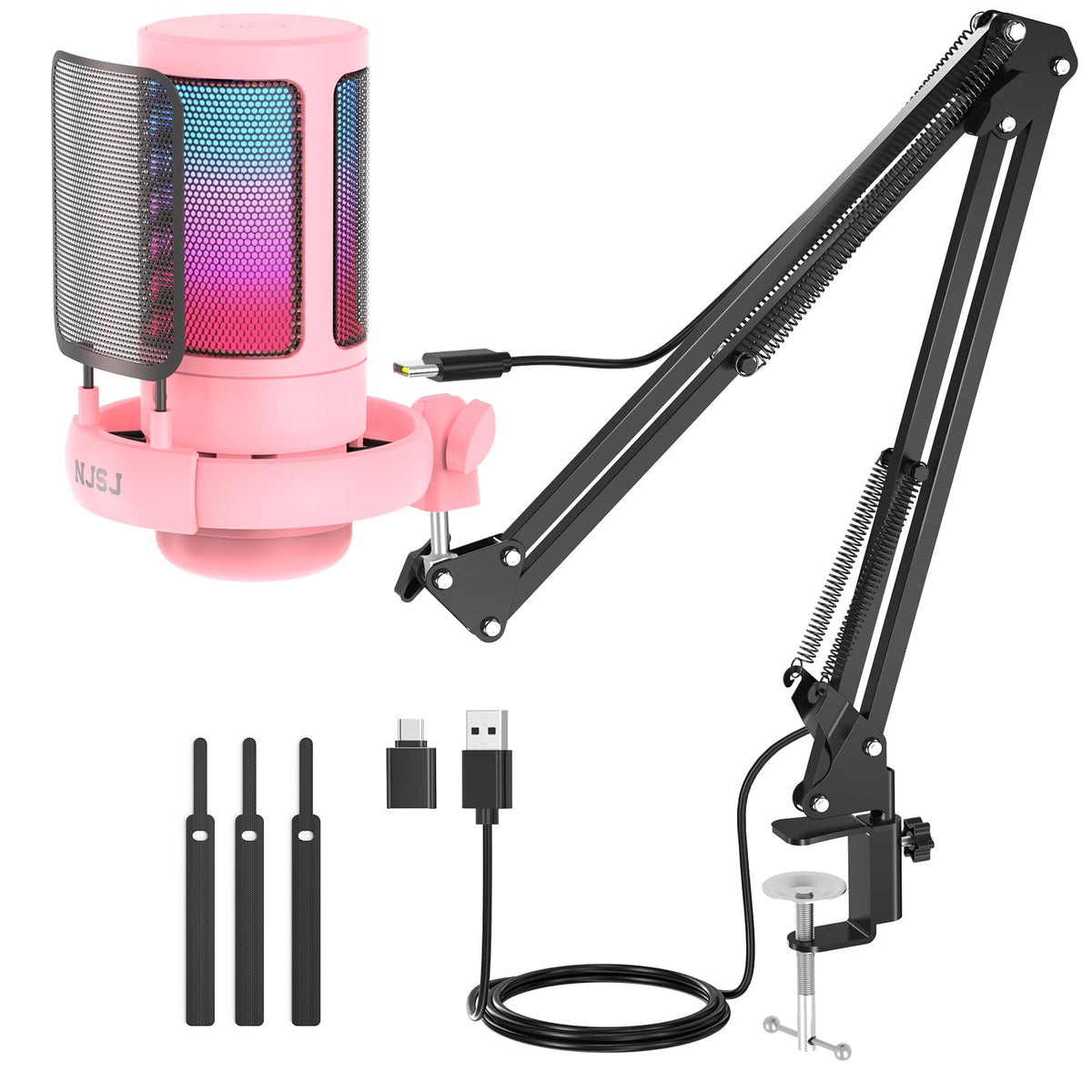 Njsj Usb Gaming Microphone For Pc, Condenser Mic With Boom Arm For Ps4/ Ps5/ Mac/Phone With Touch Mute, Rgb Lighting,Gain Knob &