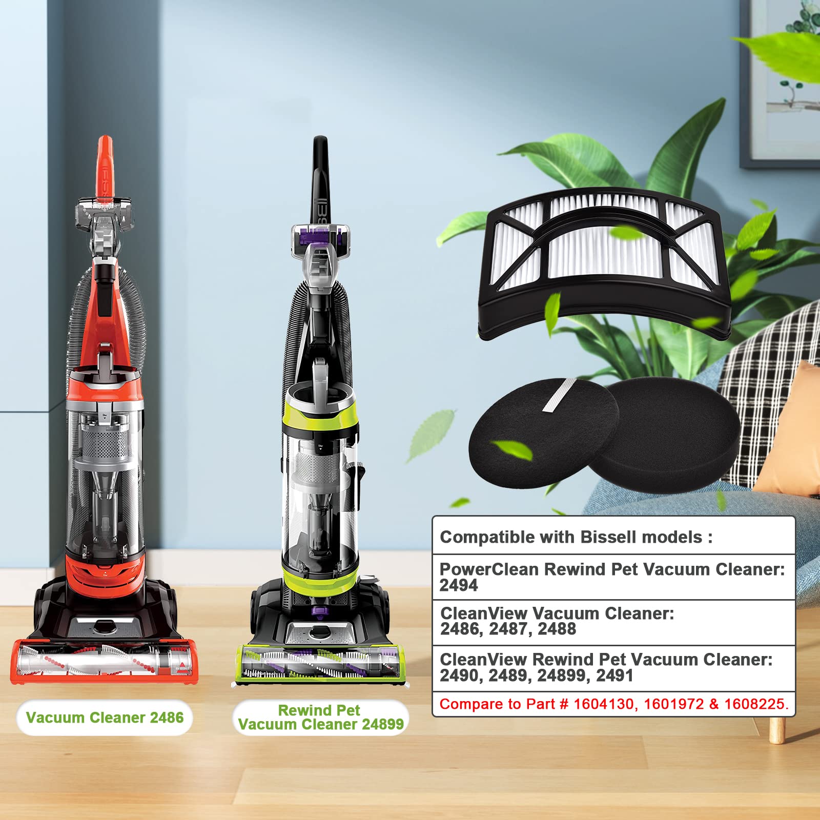 Anicell Filter Replacement For Bissell Cleanview 2492 2488 2486 2494 2487 2492 2491 2484 Powerclean Rewind Pet Vacuum, 4 Foam +