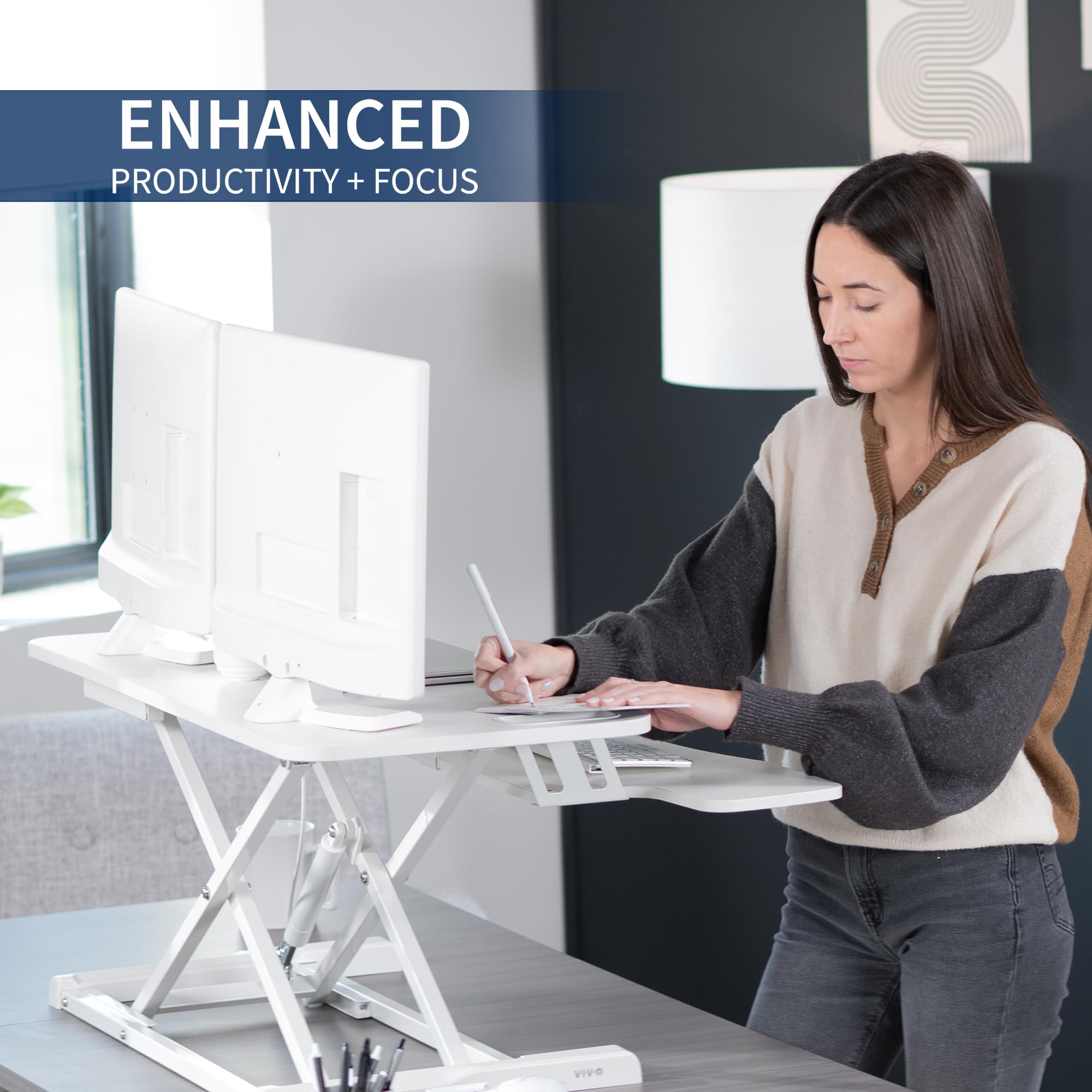 VIVO 38 inch Desk Converter, K Series, Height Adjustable Sit to Stand Riser, Dual Monitor and Laptop Workstation with Wide Keyboard Tray, White, DESK V037KW