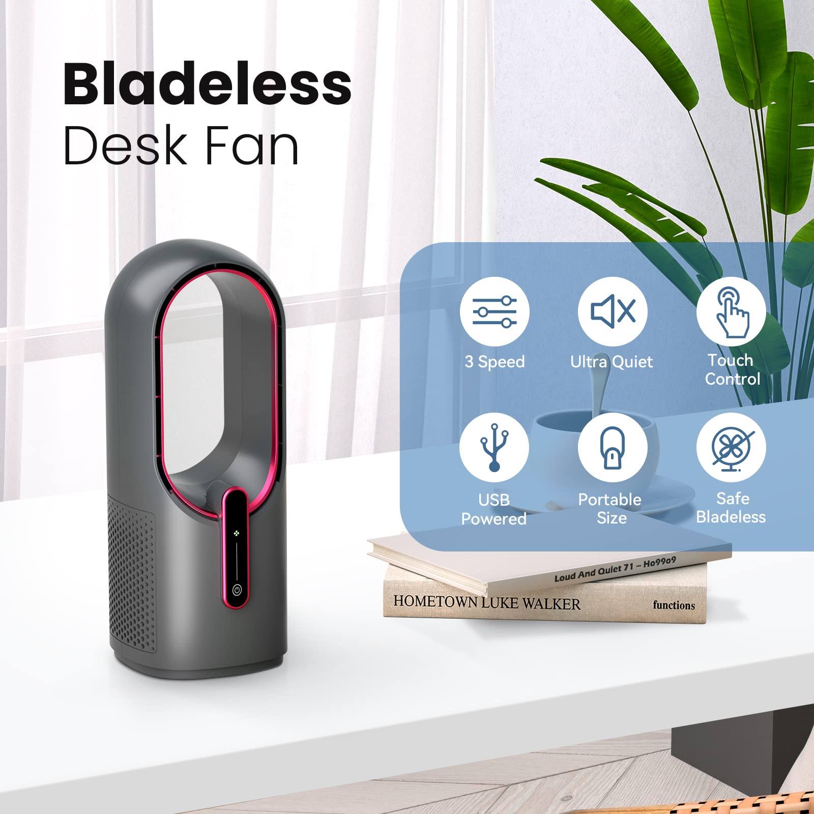 KONSIDEN Bladeless Desk Fan, 11.8 Inch, Quiet 3 Speed, Touch Control, Small, Gray/Dark Red, Easy to Clean, Ideal for Office & Home