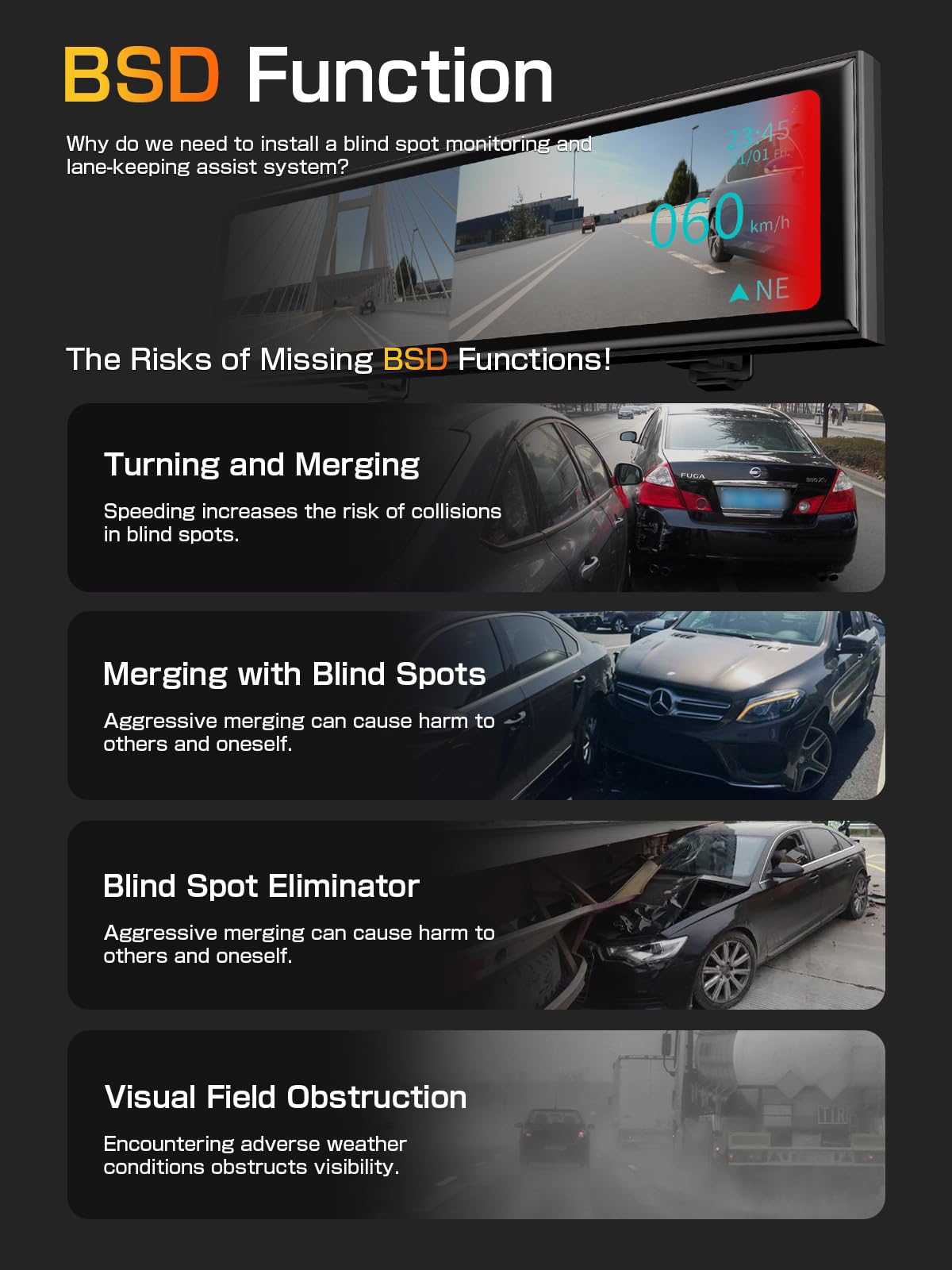 Super Night Vision Rear View Mirror Camera With F1.0 Aperture Lens,Ai Vision Radar,Bsd Hdr/Wdr,Touch Screen Smart Mirror Dash Ca