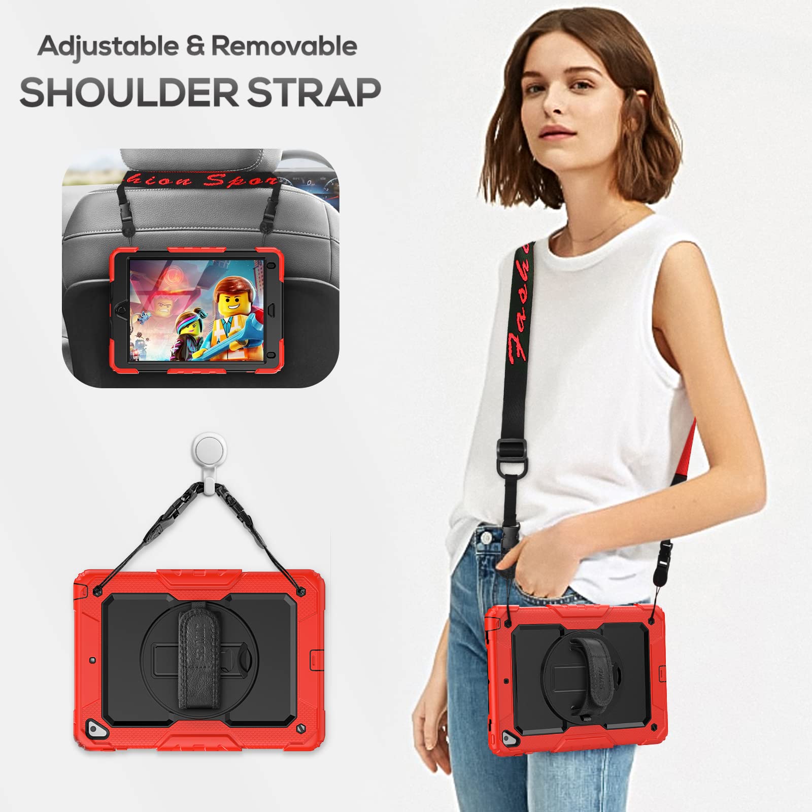 Seymac Case For Ipad 6Th/5Th Generation Case 9.7 Inch, Full Body Shockproof Heavy Duty Protective Case With Screen Protector, Rotating Stand/Hand/Shoulder Strap For Ipad Air 2/ Pro 9.7, Red