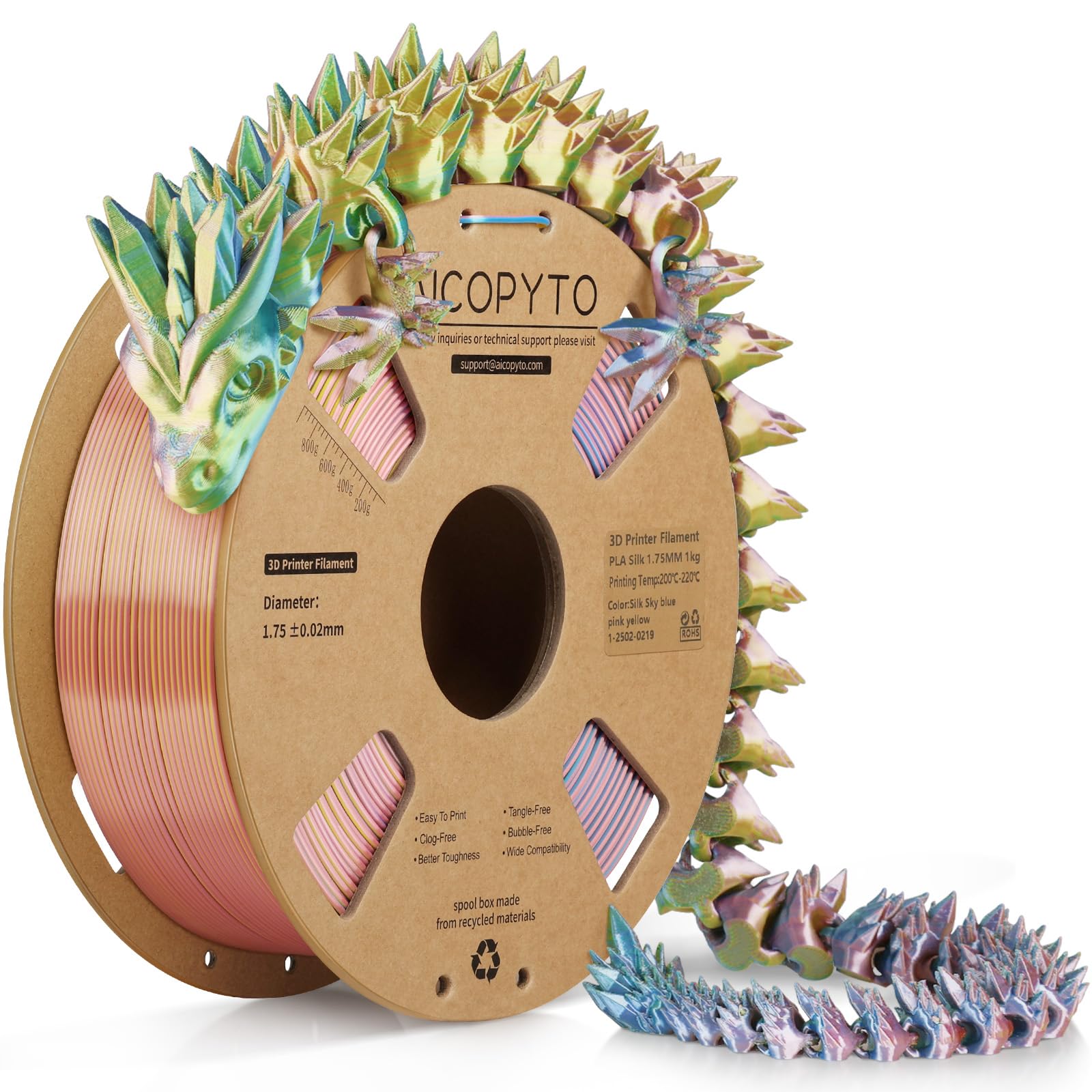 Silk Tricolor PLA Filament 1.75mm, 3D Printer 3-in-1 Multi Color PLA Filament, Dimensional Accuracy +/-0.02mm 1KG Spool (2.2 lbs